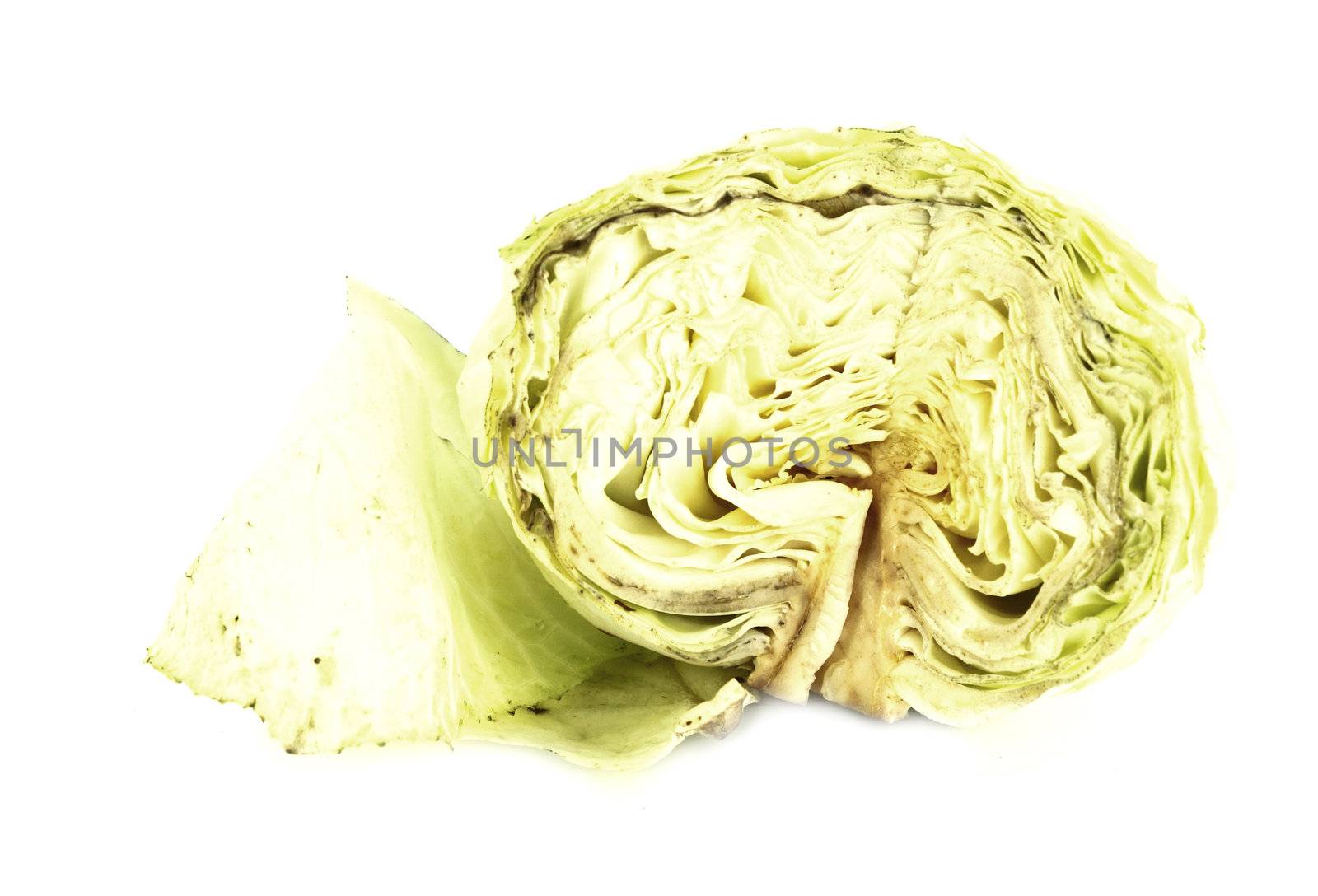 cabbage cut in half on white