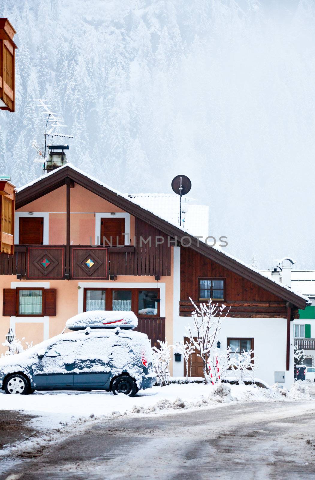 Ski resort guest house after snow storm
