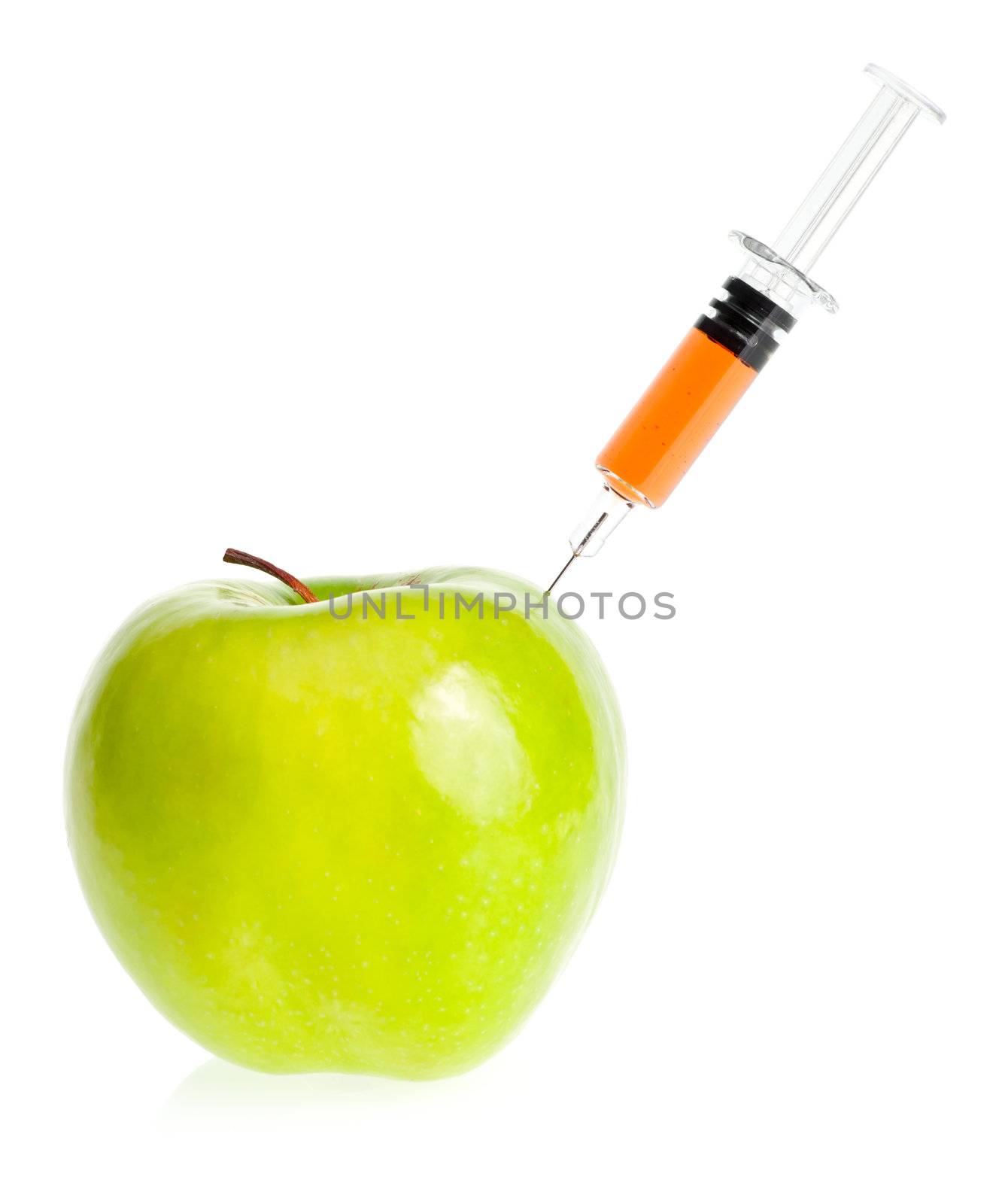Genetic modification concept with green apple receiving an injection