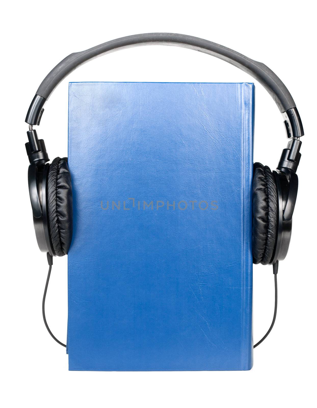 Blue book with HI-Fi headphones on white background
