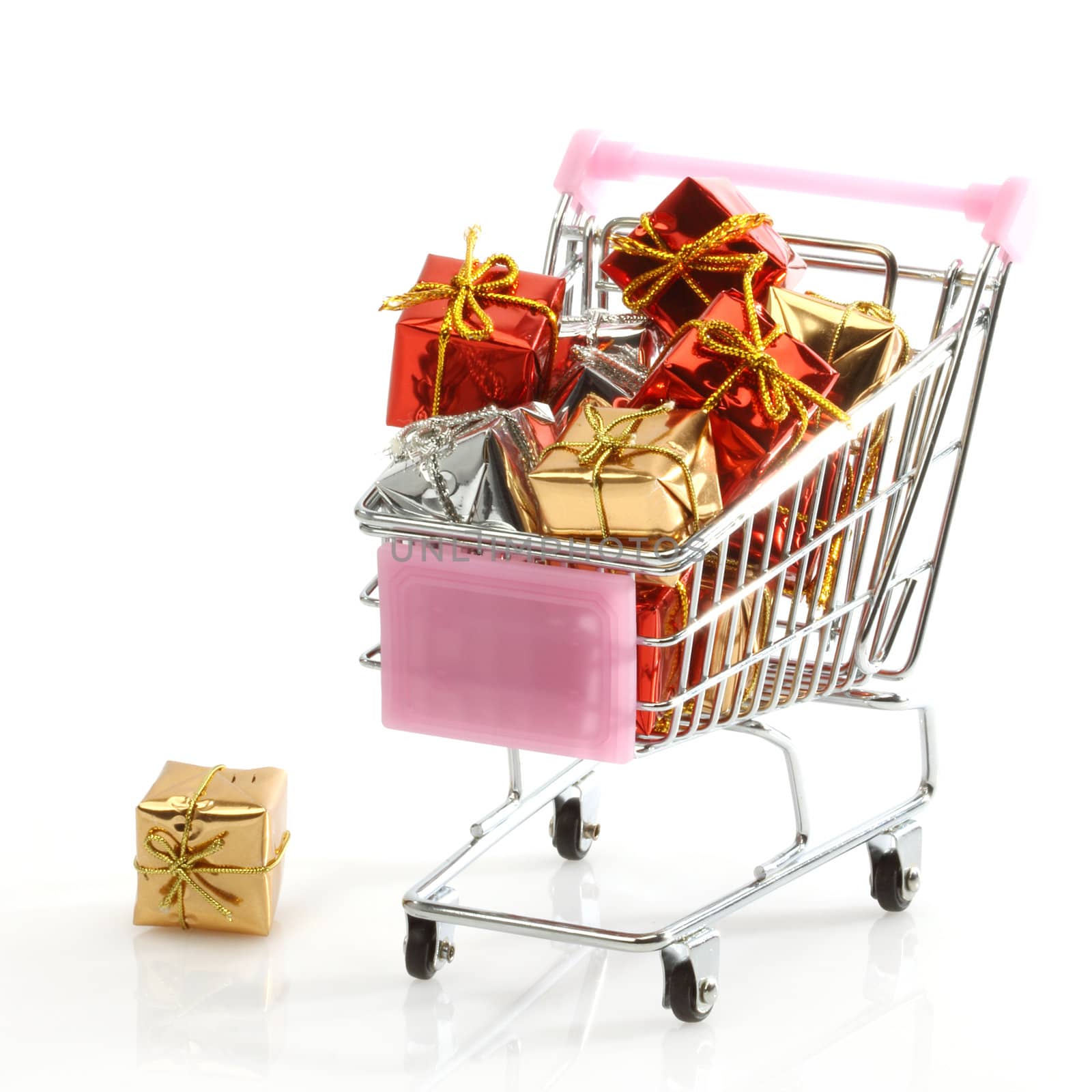 shopping cart filled with gifts over white 