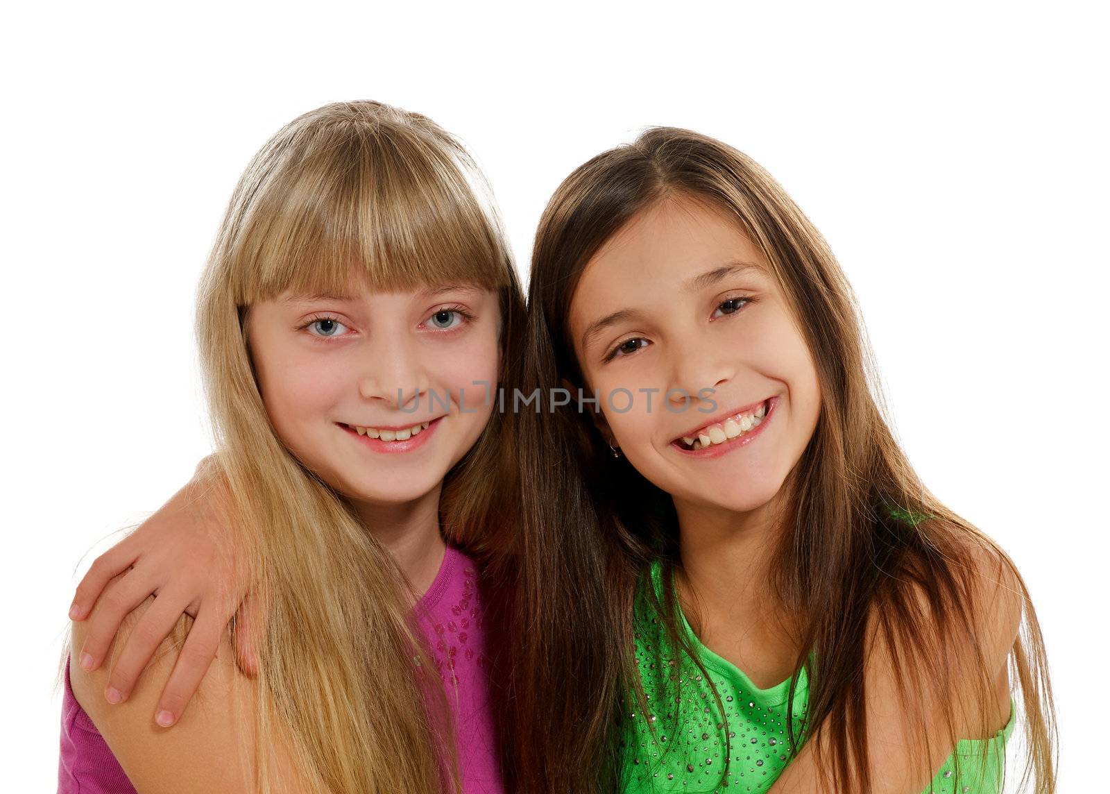 Two Happy Playmates Smiling and Hugging isolated on white background