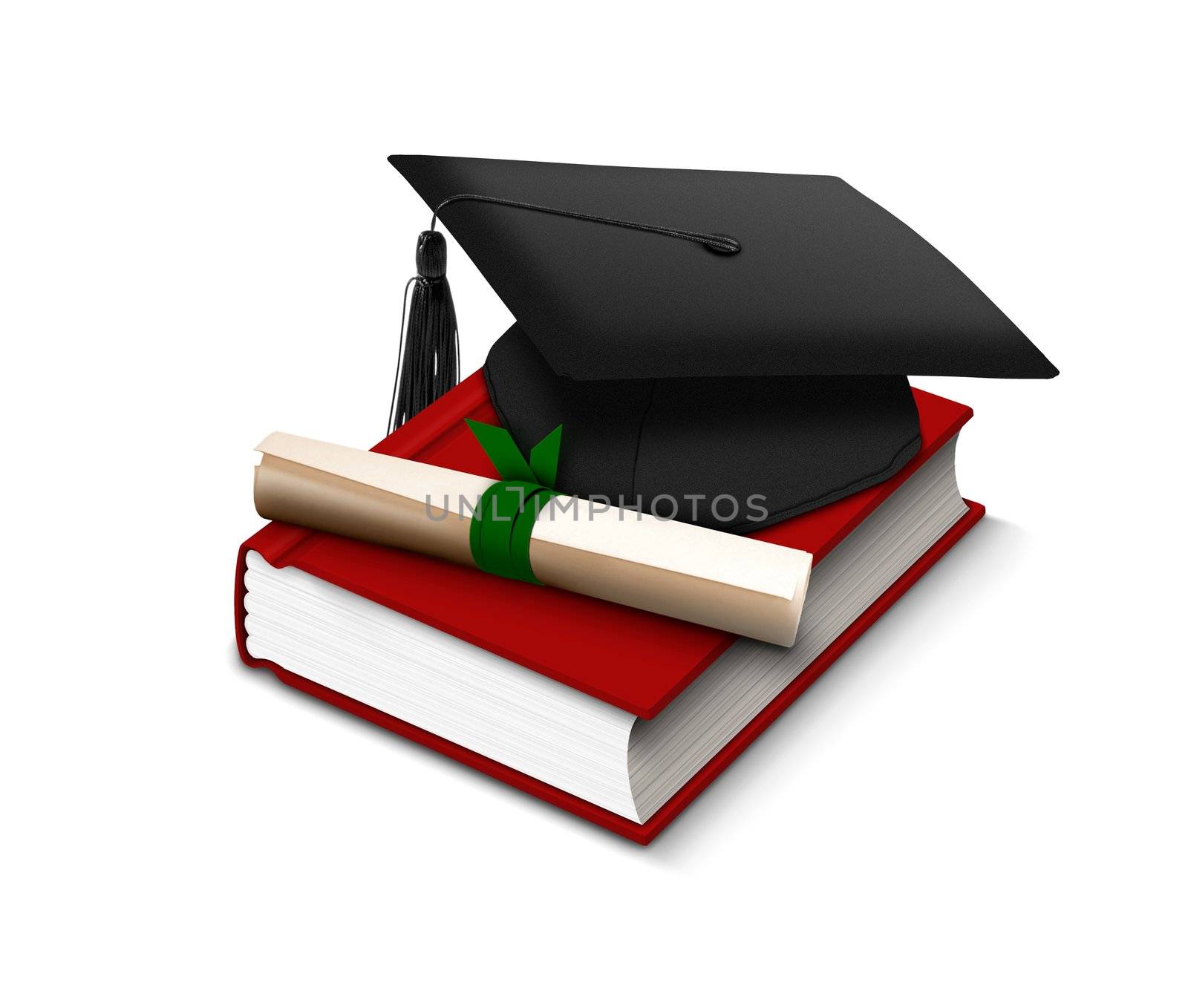 Graduation hat, scroll and red book