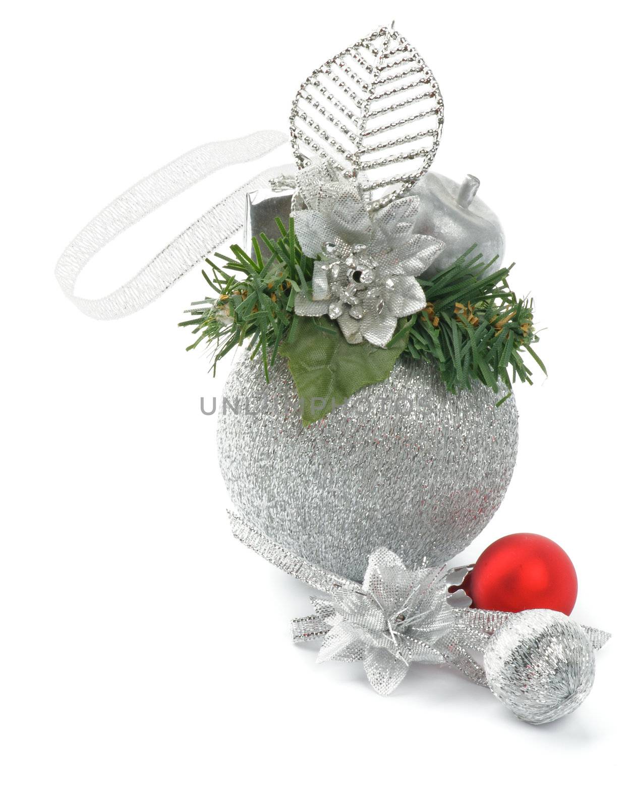 Silver and Red Christmas Baubles with Green Decoration Elements and Ribbons isolated on white background