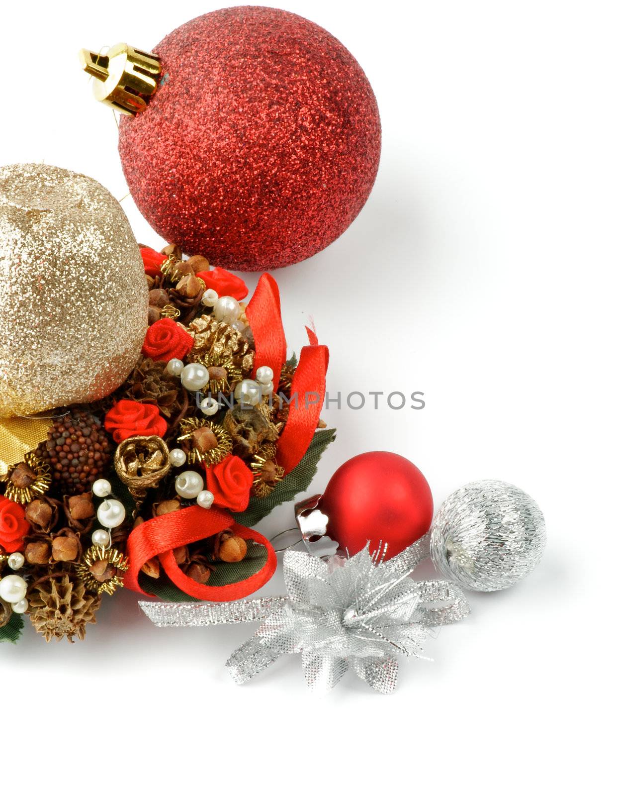 Christmas Decorations with Gold, Red and Silver Baubles and Ribbons isolated on white background