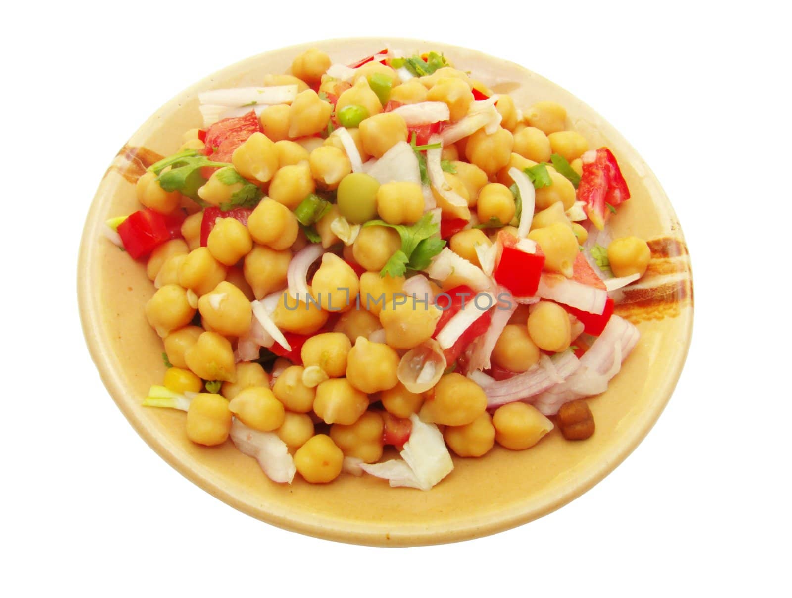 Salad prepared with chickpea (Cicer arietinum) also called Bengal gram and known with other commen names include garbanzo bean, ceci bean, chana, sanagalu, Gonzo Bean and Bengal gram. It most popular vegetarian foods in Indian sub continent having high protein content and dietary fiber.