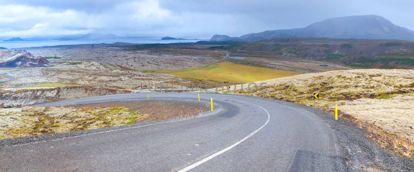 Iceland - famous Ring Road (Hringvegur). Straight asphalt highway. Panorama