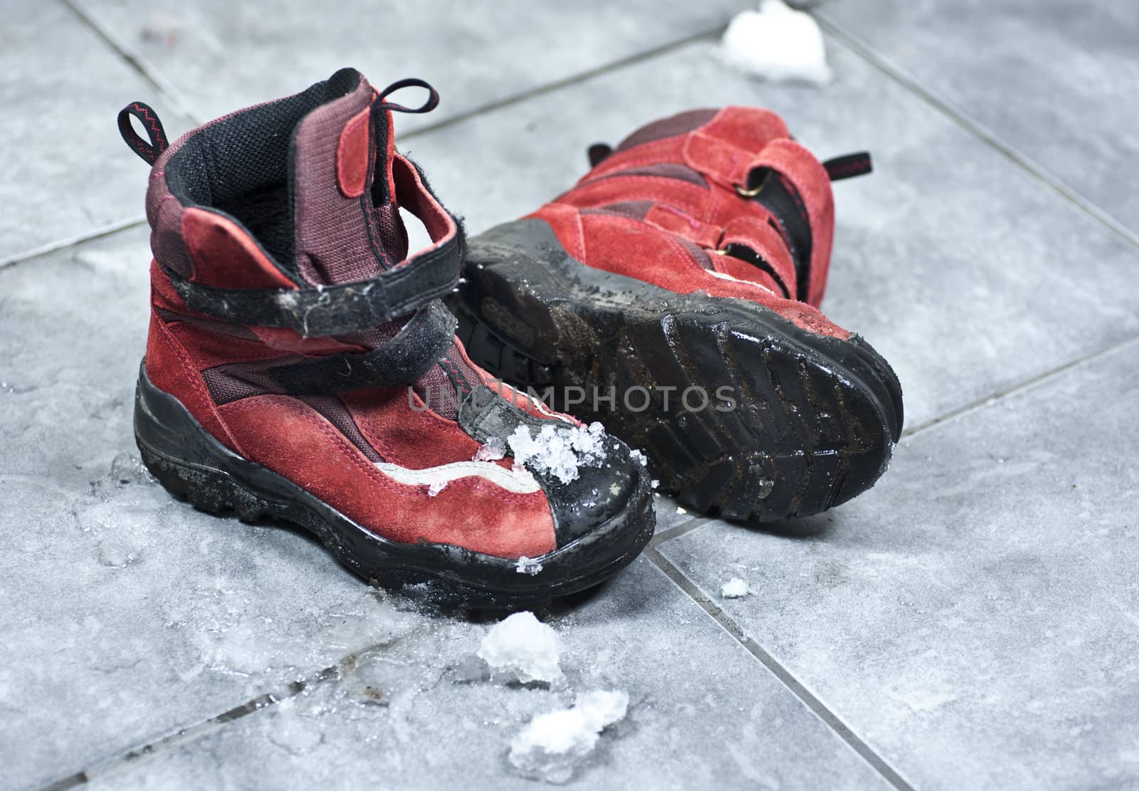 A pair of winter shoes full of snow making the entrance floor messy 