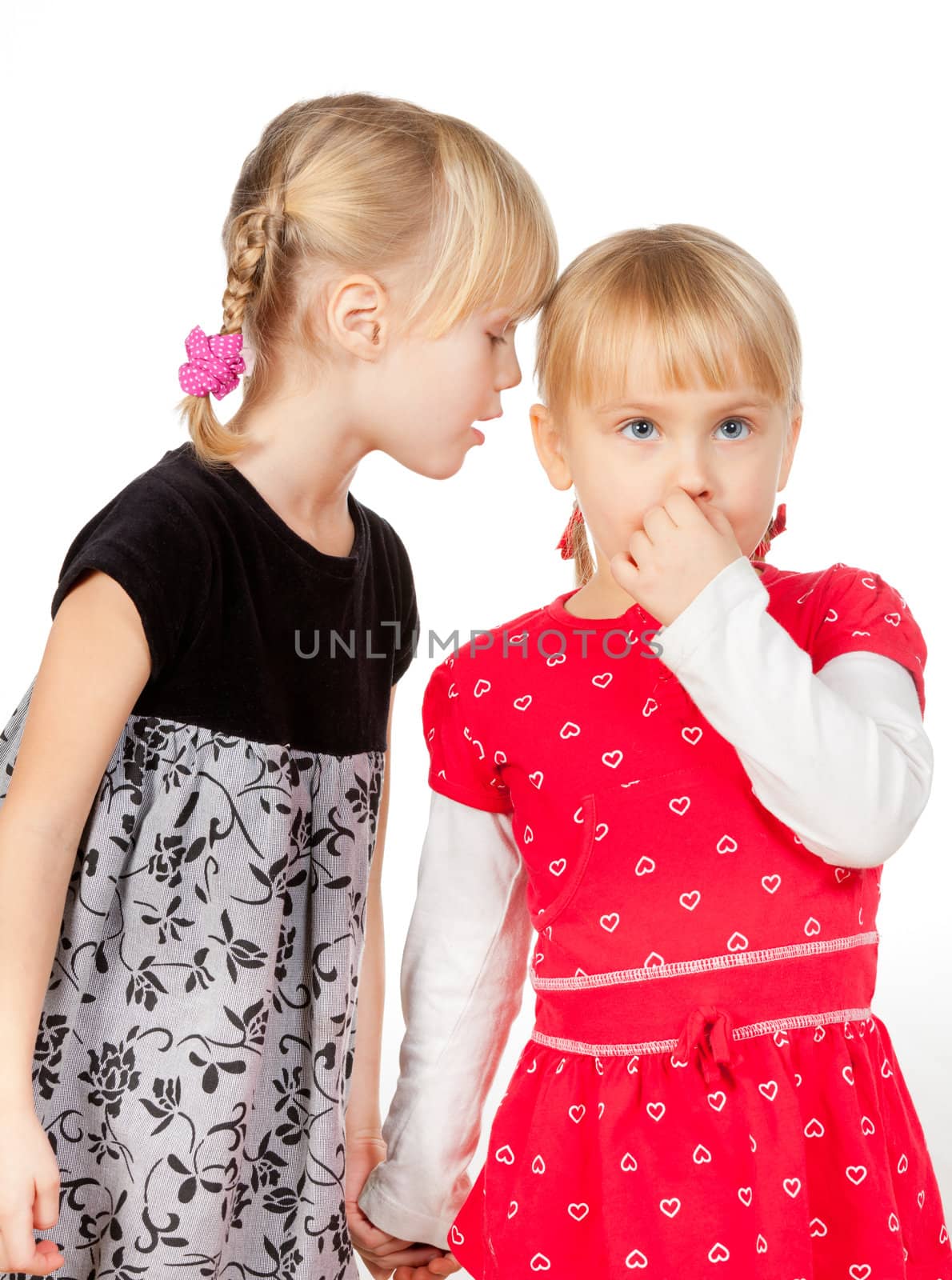 Portrait of little girl wearing black telling a secret to her friend over a white background