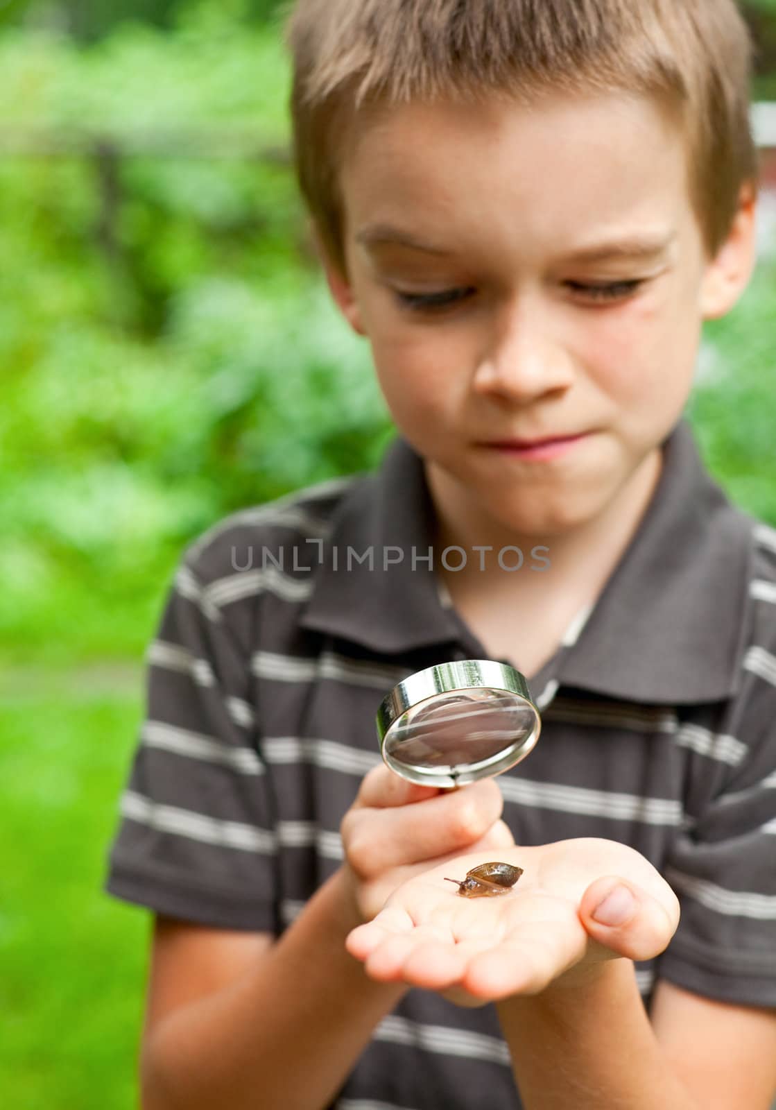Young boy looking at snail through hand magnifier, focus on snail