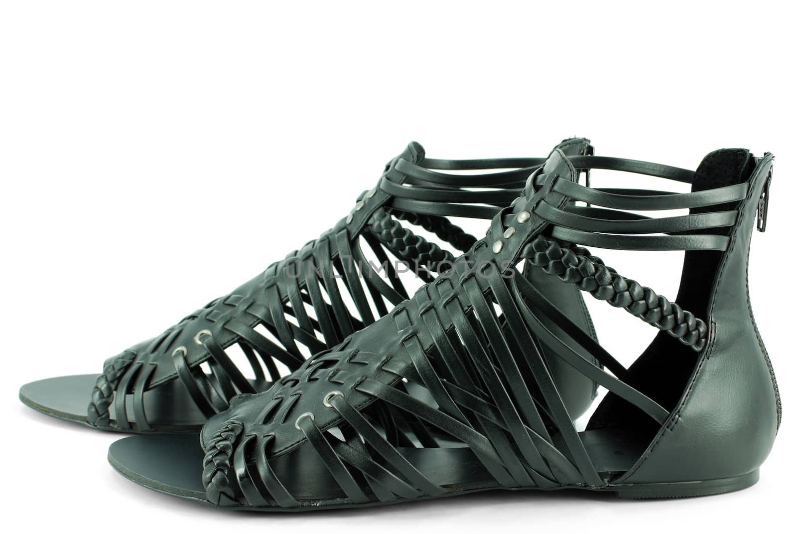 Woman black sandals on white background