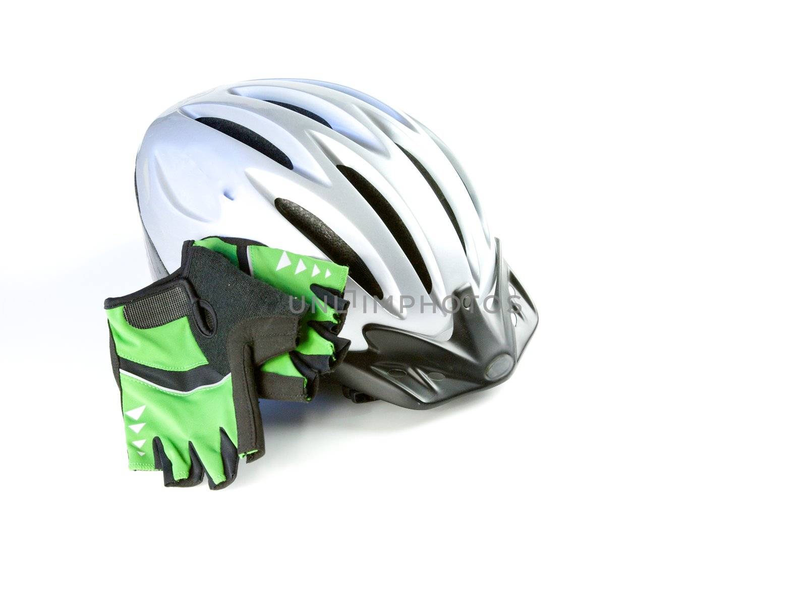 Biking Helmet with riding gloves, isolated