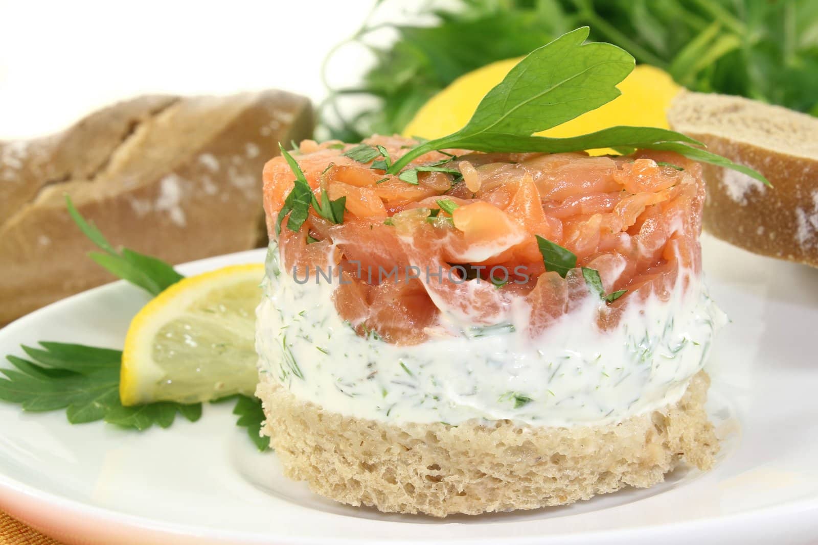 a slice of bread with herb cream and salmon tartare