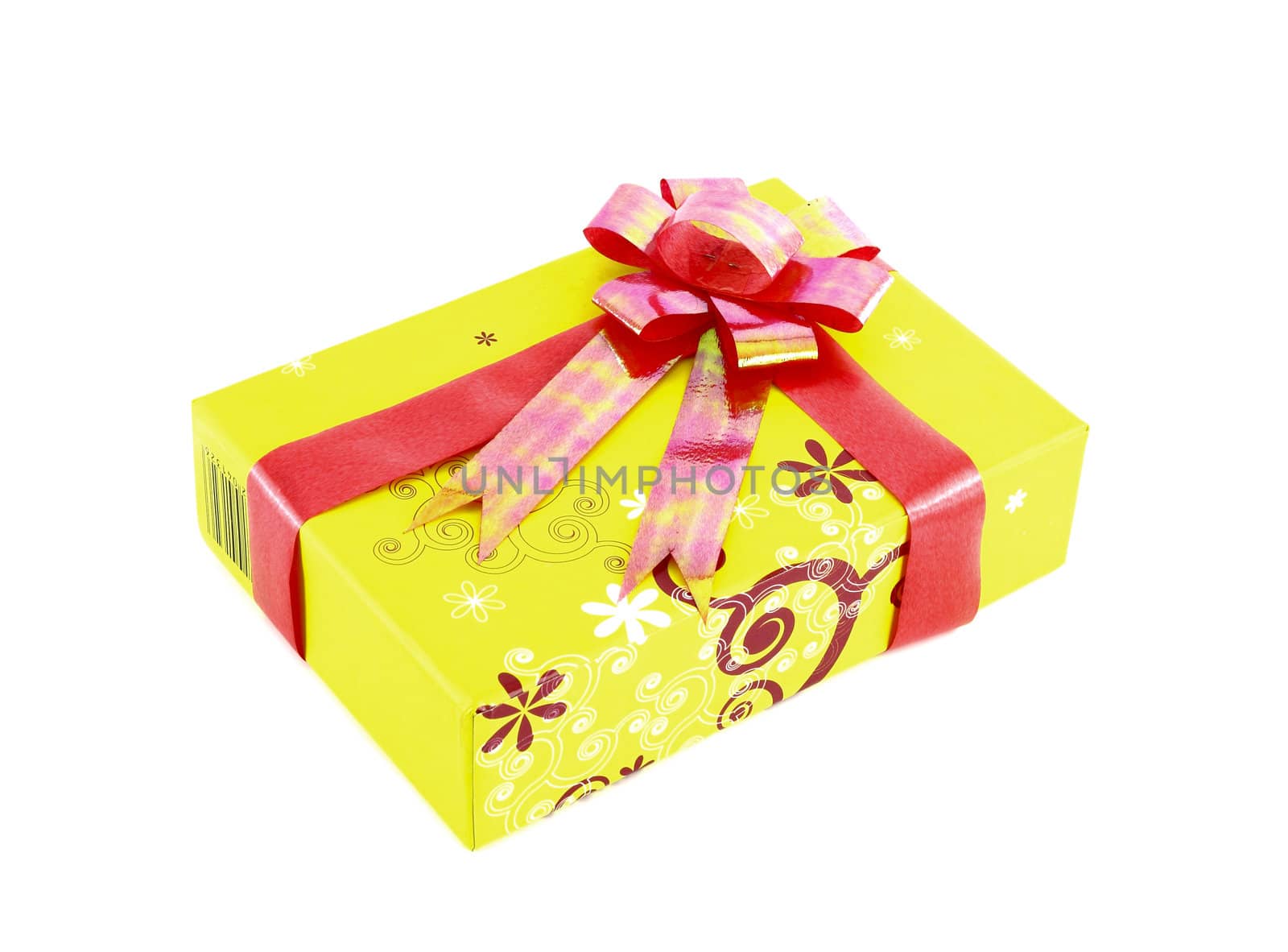 yellow gift box with red ribbon isolated on white background by geargodz