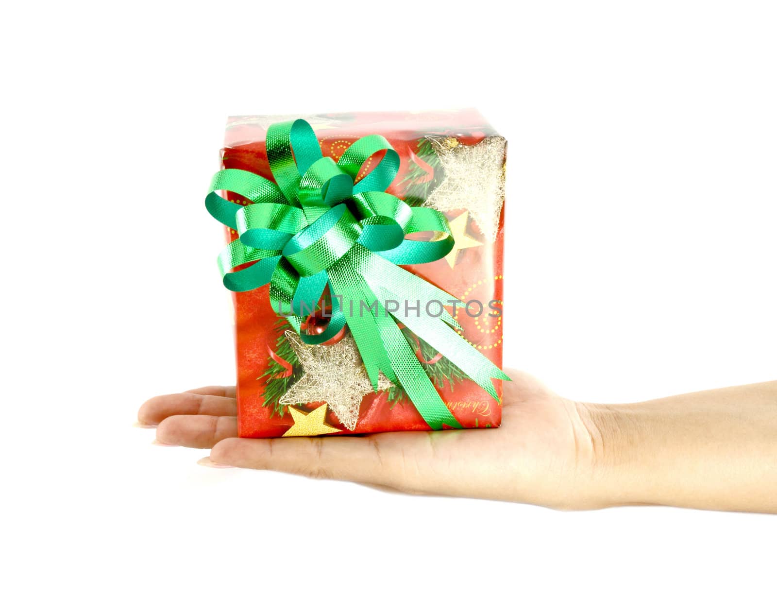 hand and gift over white background by geargodz