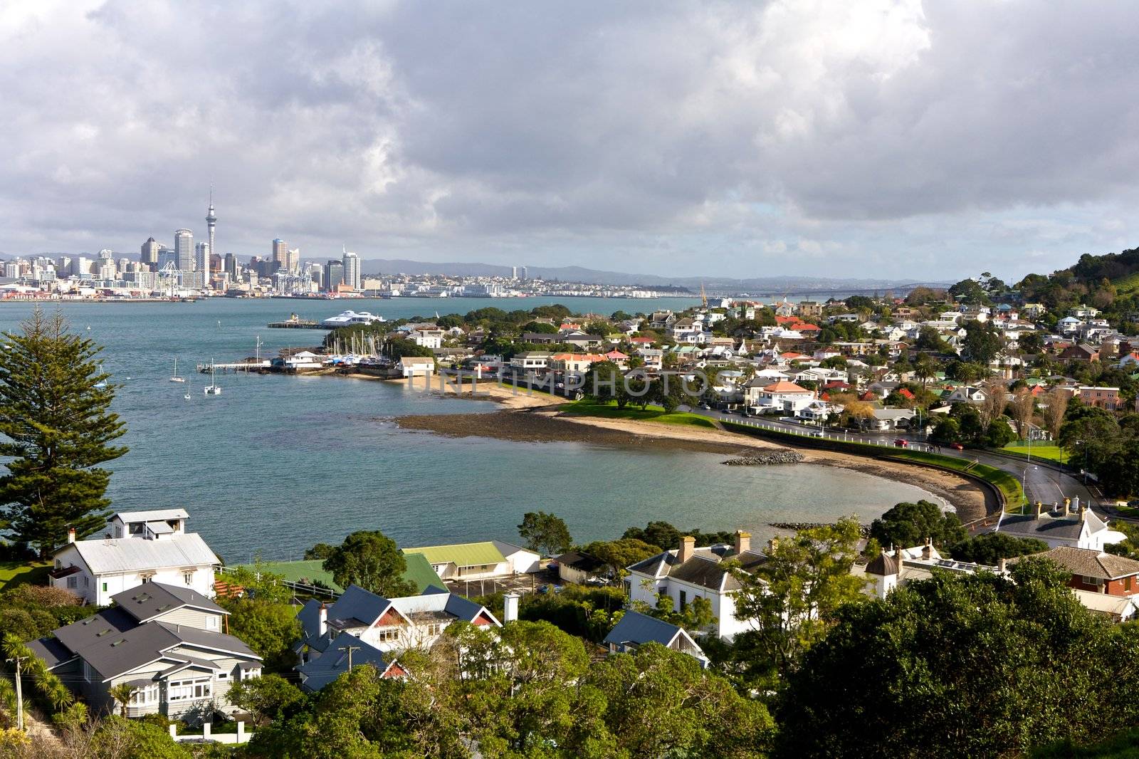 Auckland city, view with residental area in New Zealand