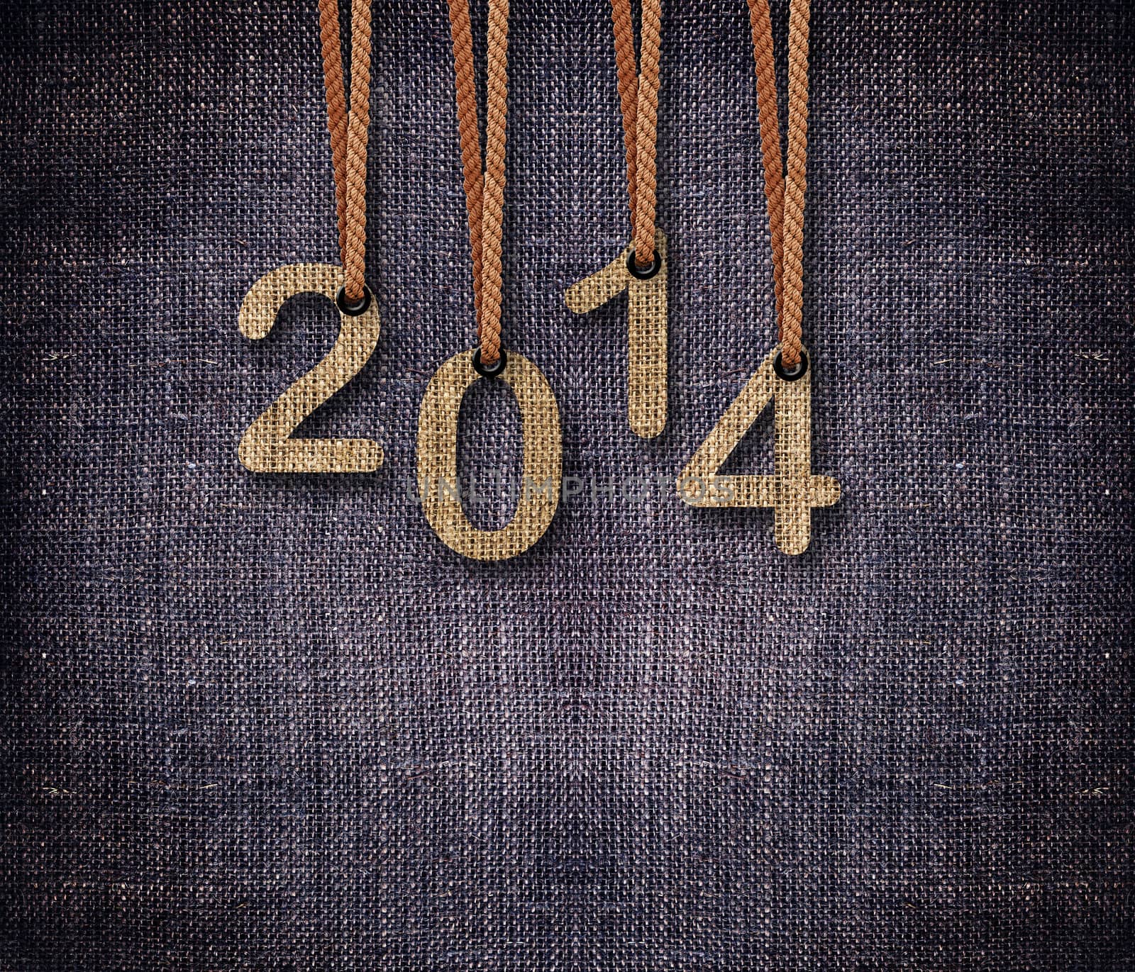 2013 numbers hunging by rope as puppeteer on sackcloth background.