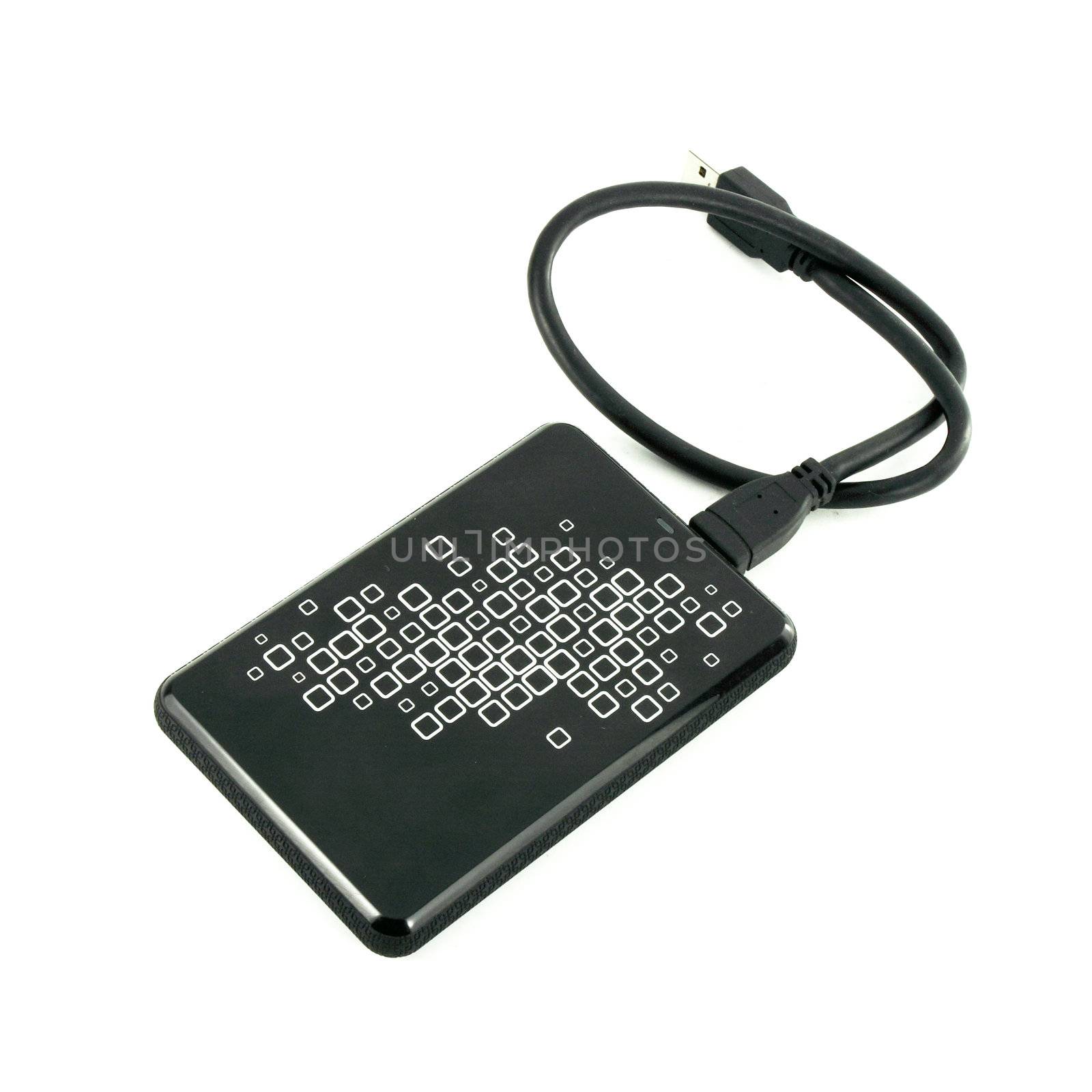 Portable external HDD hard disk drive with USB cable on white background