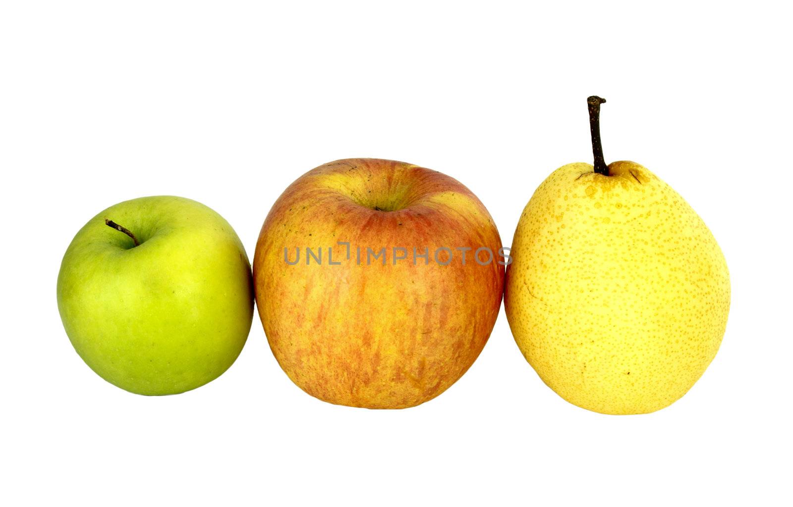 apple and nashi pear on white background