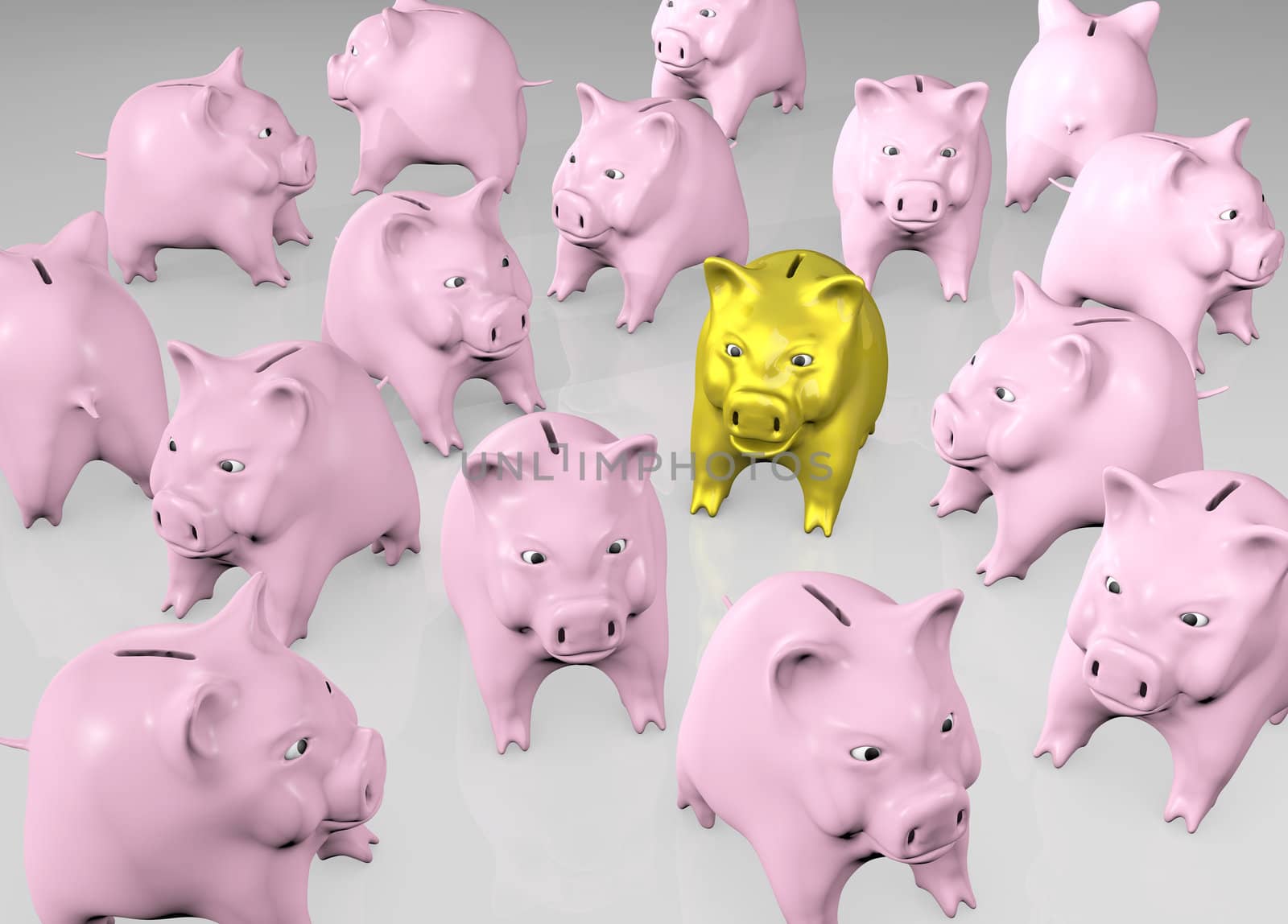 a golden piggy stays in the middle of a crowded place of others pink piggies