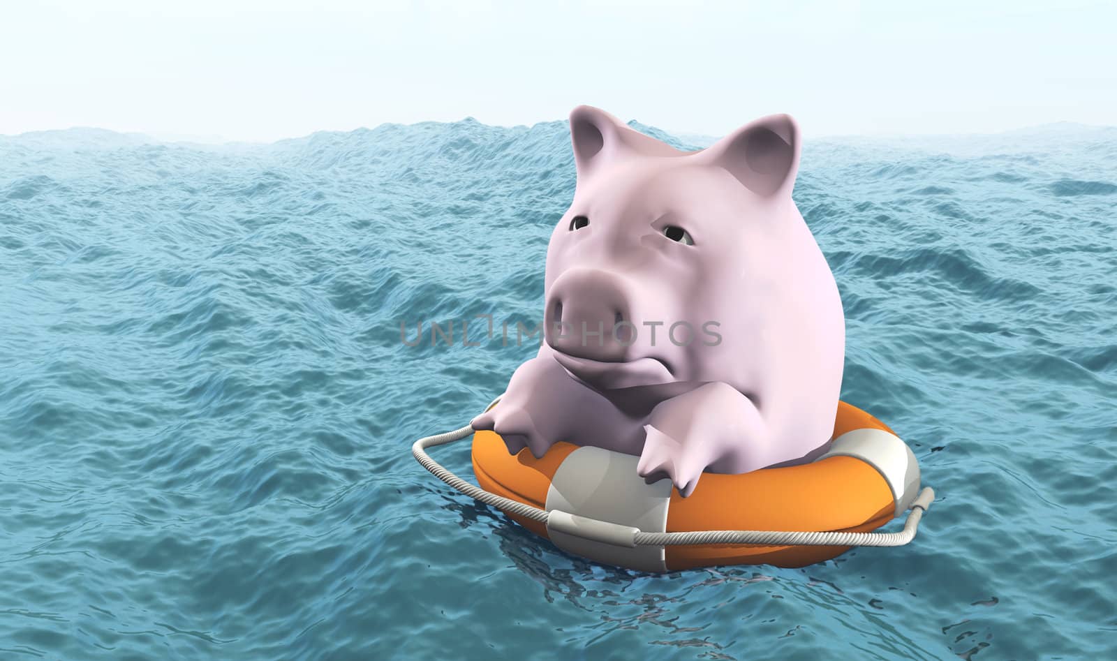 a sad pink piggy hold on a life preserver is in the middle of a rough sea in a misty day