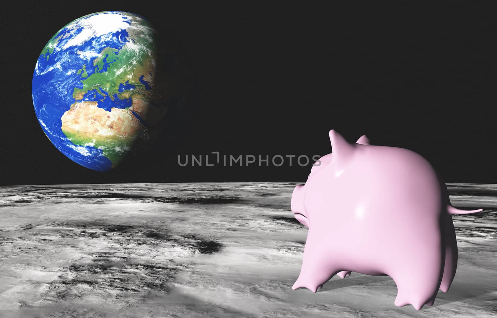 from the moon surface a sad pink piggy in foreground is looking with homesickness the planet earth placed in background