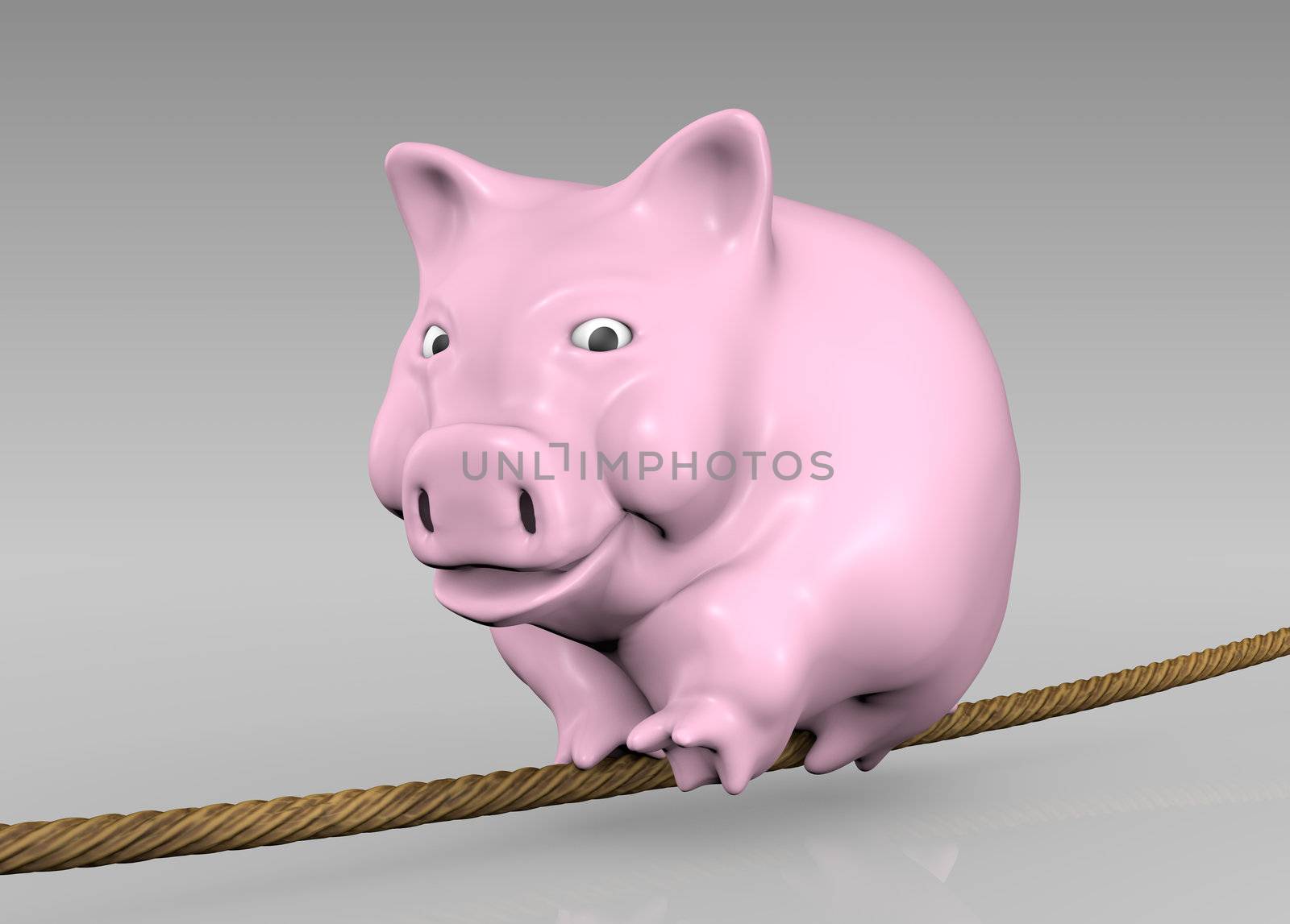 a happy pink piggy is doing the tightrope on a tense brown rope suspended in the air