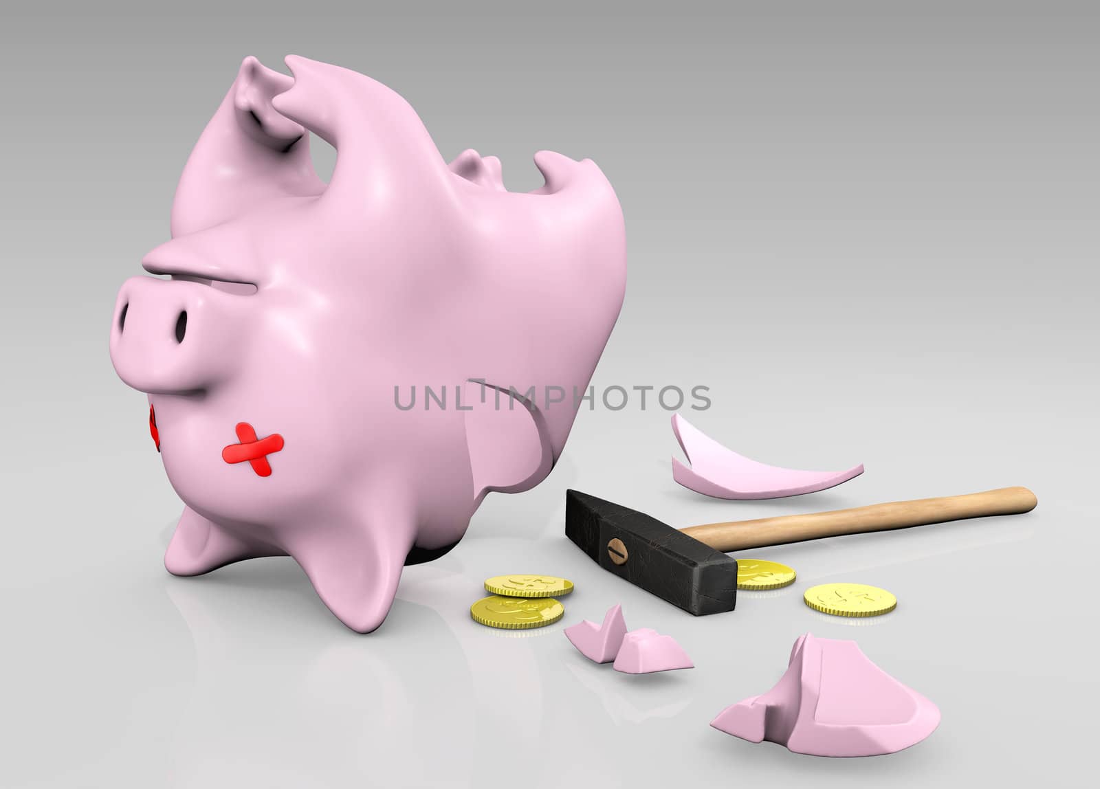 a upside down broken piggy with patches on his eyes, a hammer, some coins and some fragments are laying on the floor