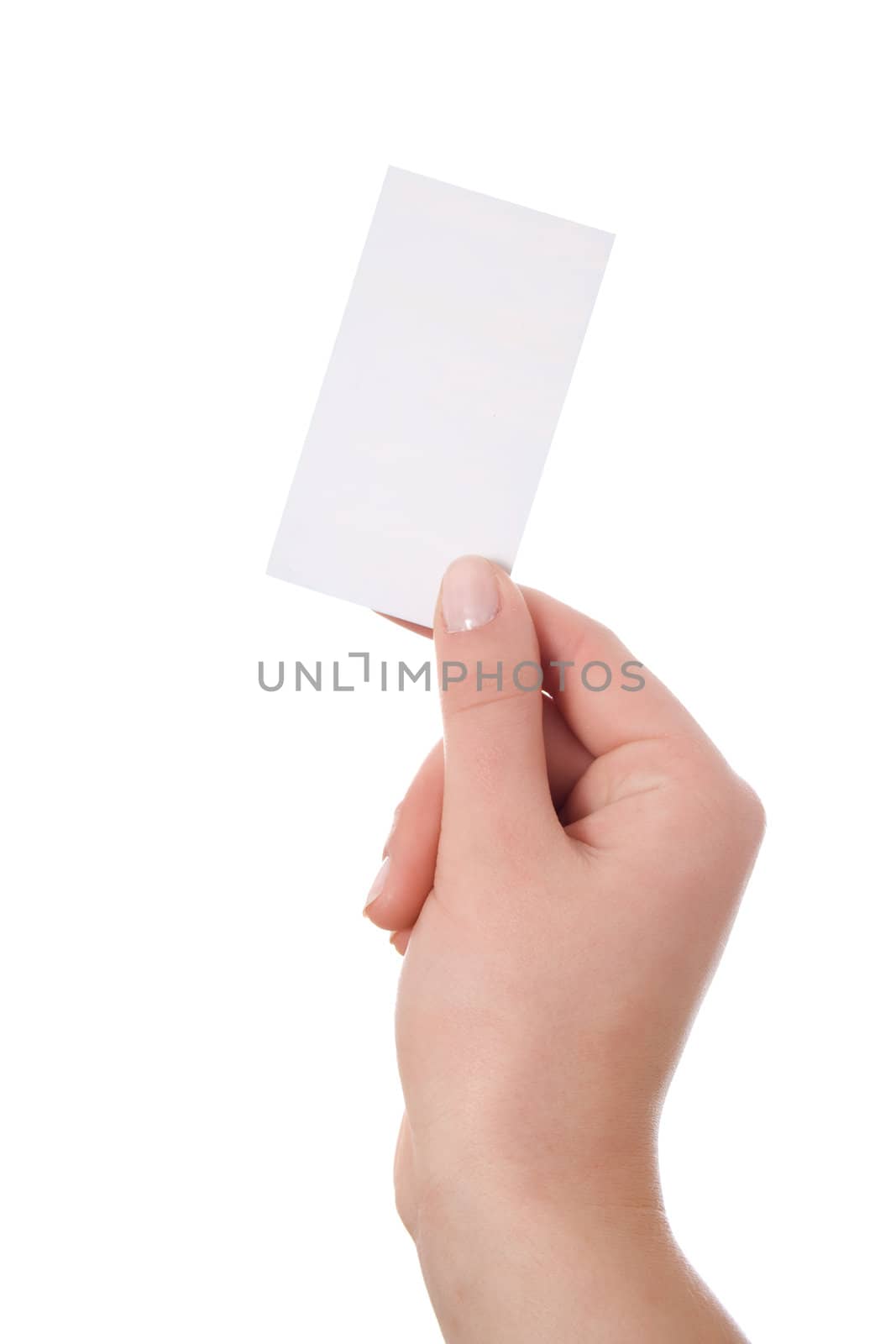 Hand holding blank business card isolated