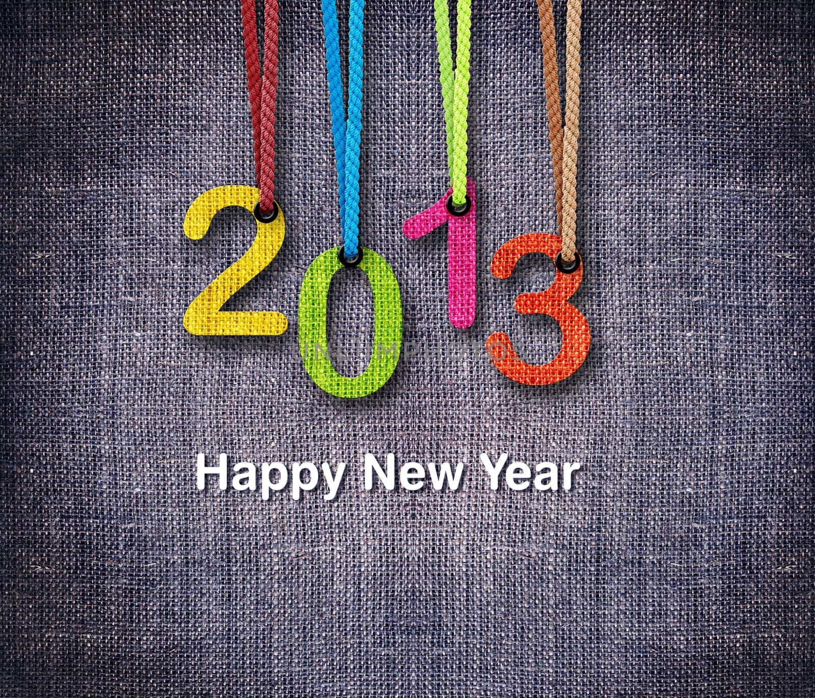 2013 numbers hunging by rope as puppeteer on sackcloth background.
