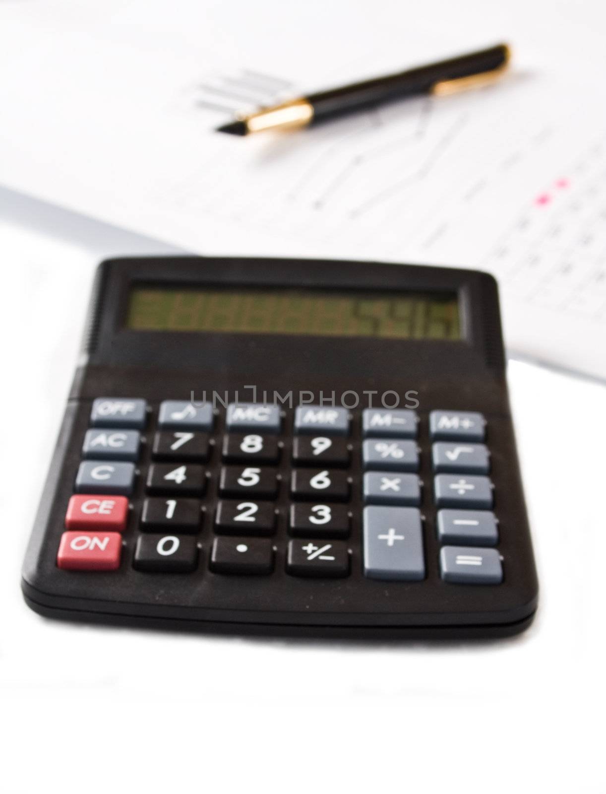 Calculator in the foreground and background of the handle and figures