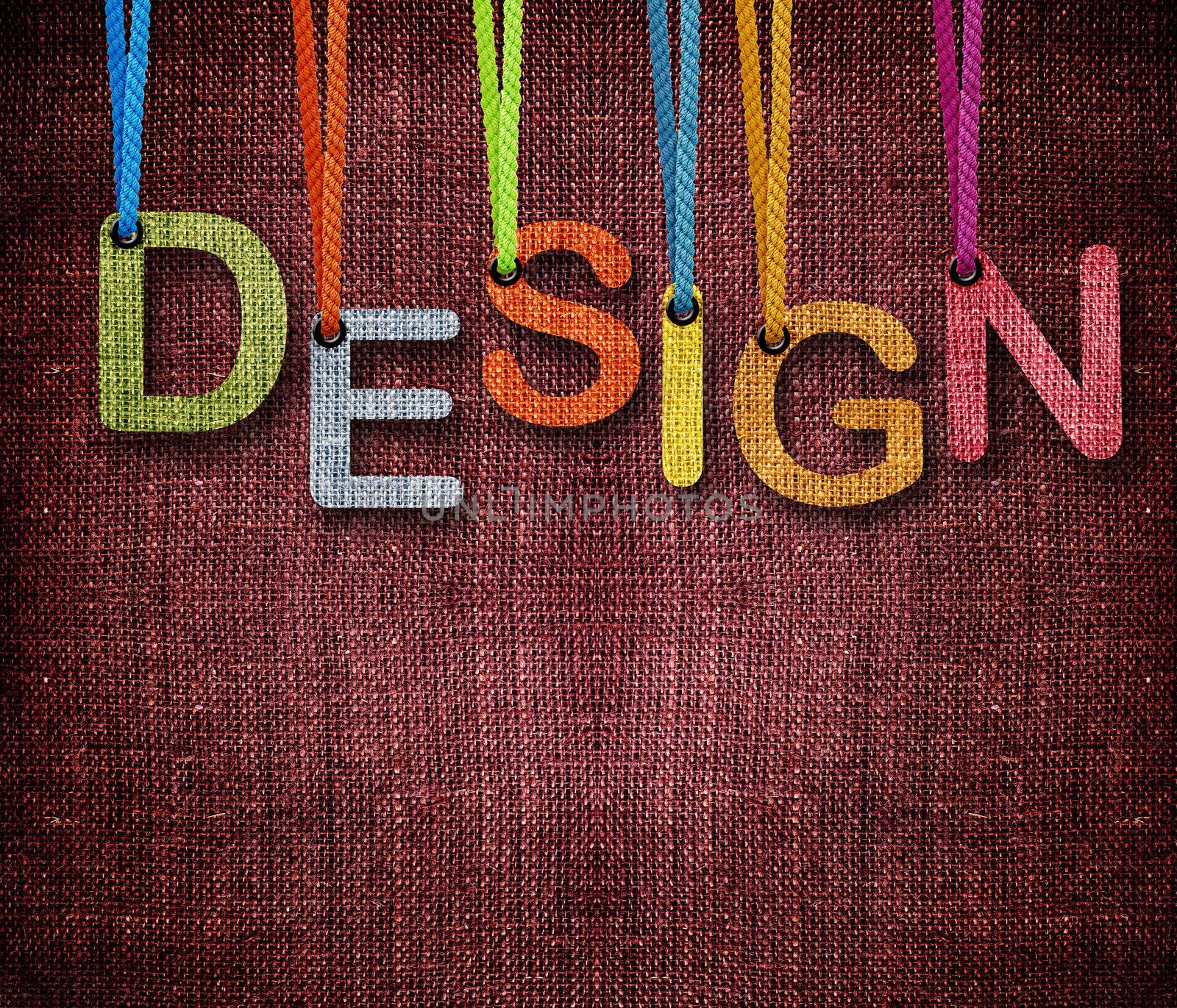 Design word hunging by rope as puppeteer on sackcloth background.
