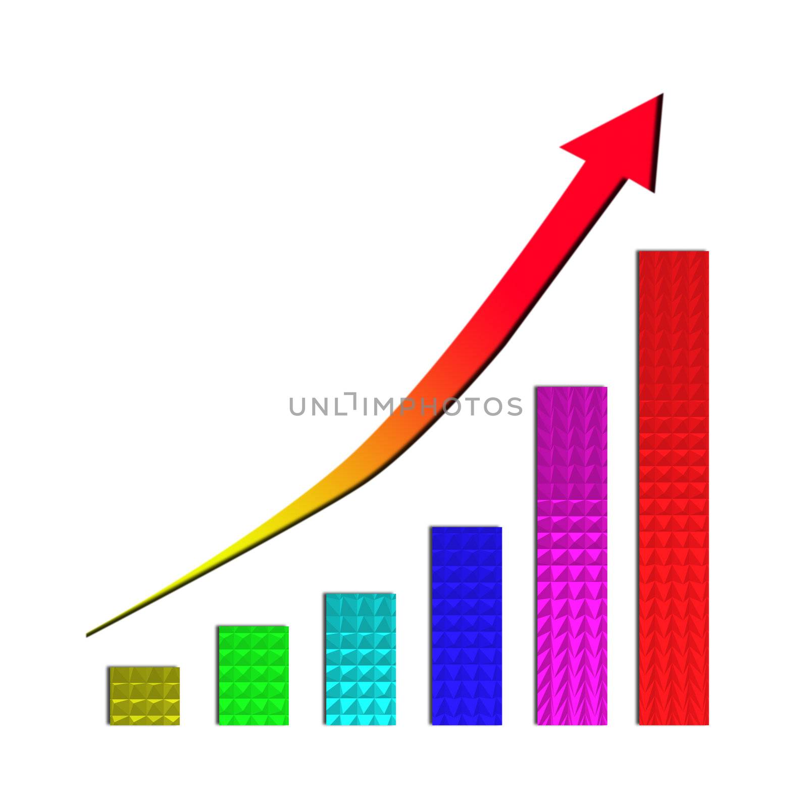 Growing bar chart and  rising arrow on white background