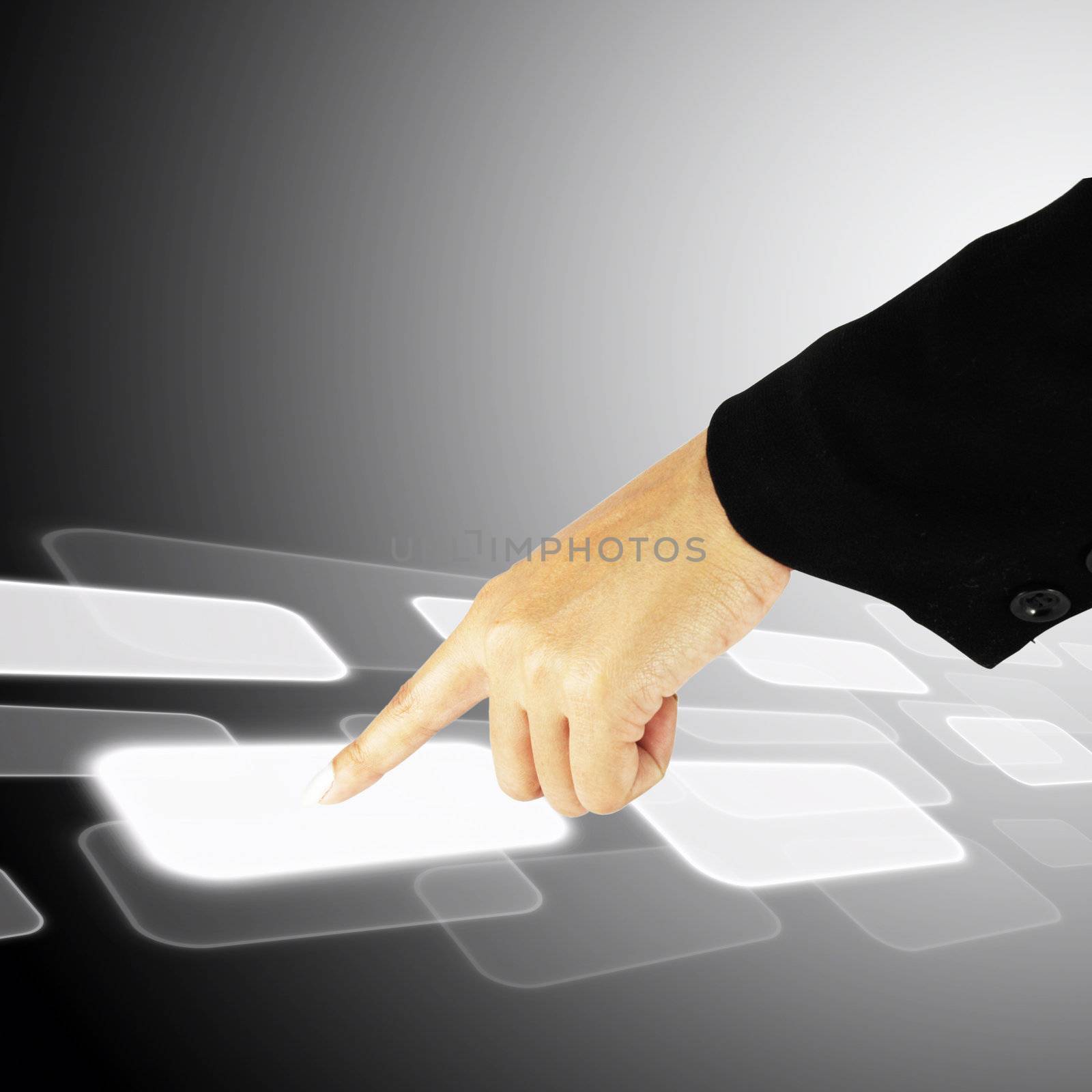 hand pushing a button on a touch screen interface by geargodz