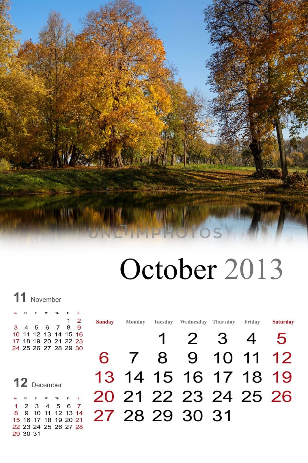 2013 Calendar. October. Golden autumn colors