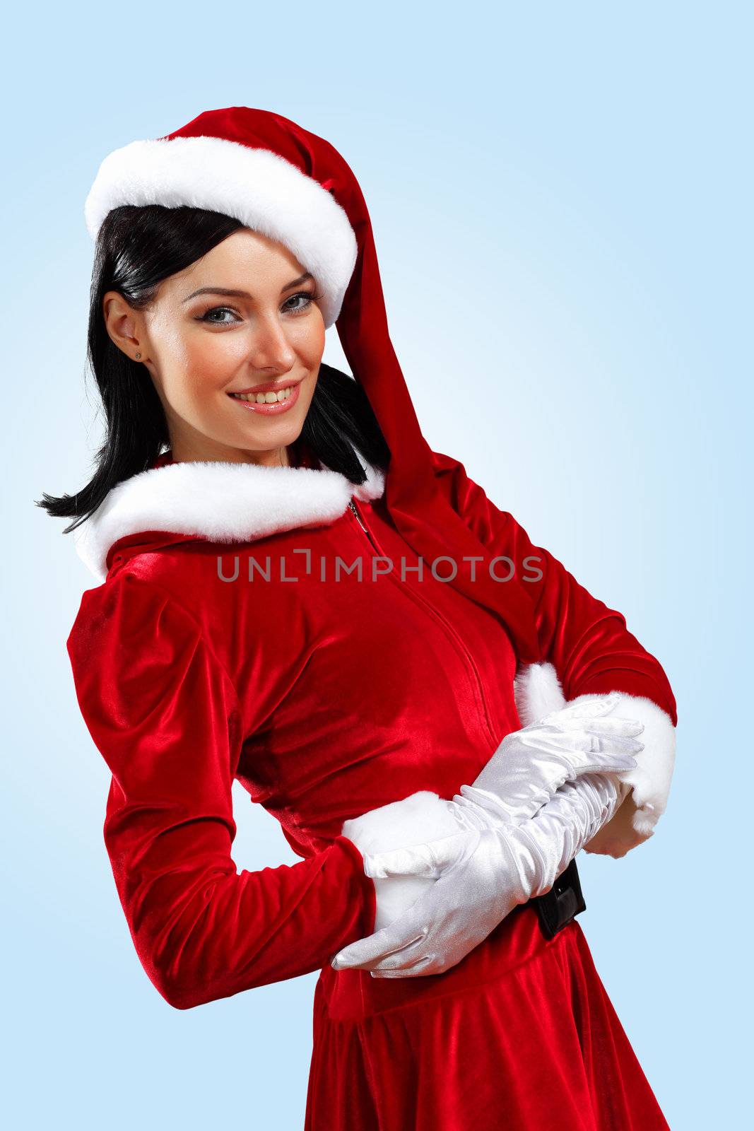 Santa Girl presenting your product, in costume and white gloves