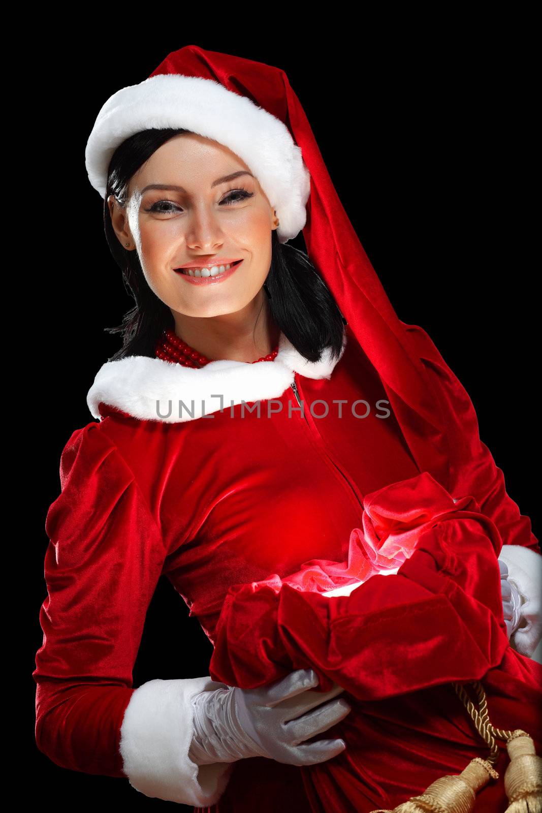 Santa Girl presenting your product, in costume and white gloves