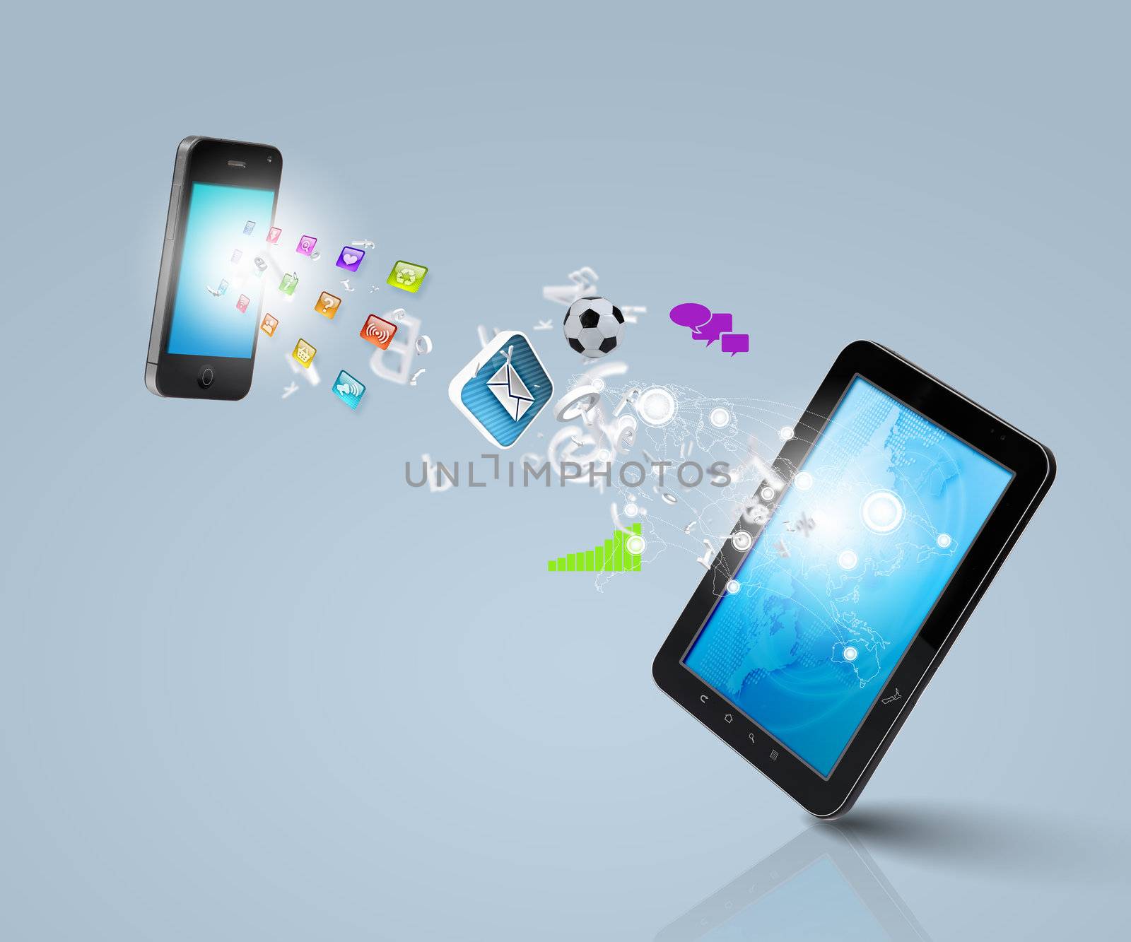 Modern communication technology illustration with mobile phone and high tech background