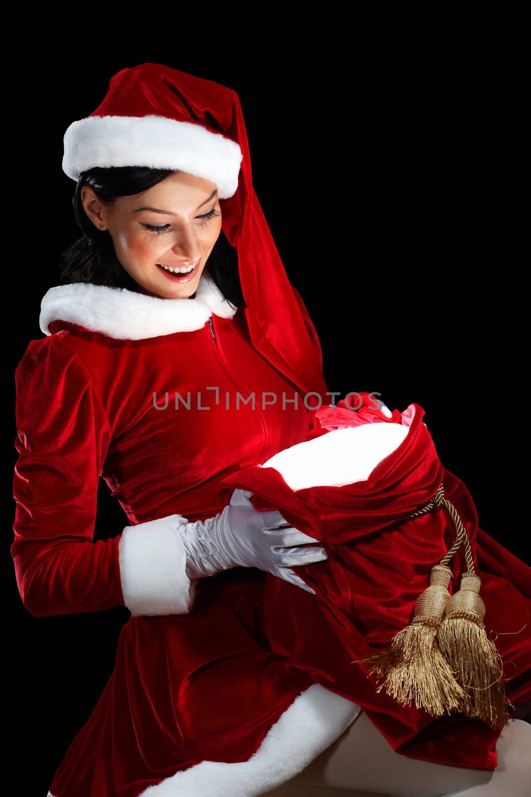 Santa Girl presenting your product, in costume and white gloves