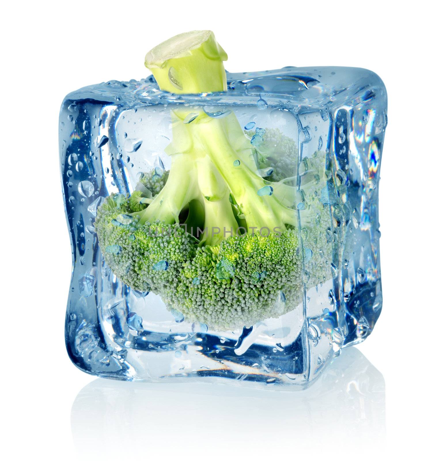 Broccoli in ice isolated on a white background