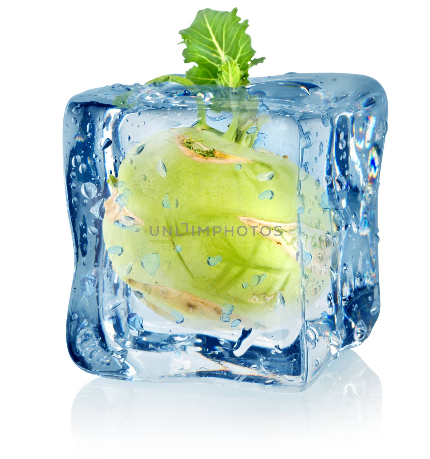 Ice cube and kohlrabi isolated on a white background