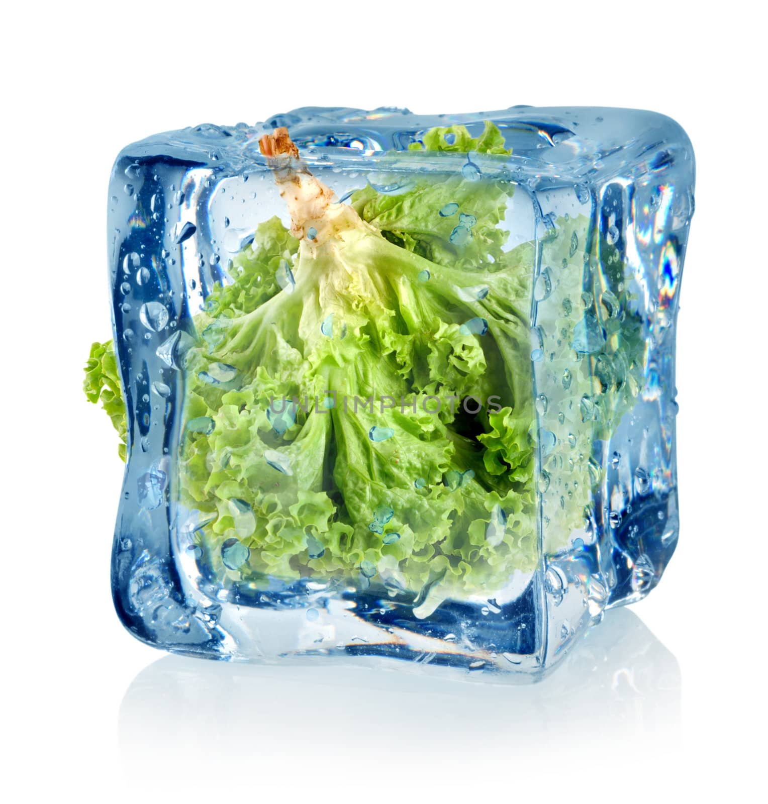 Ice cube and lettuce isolated on a white background