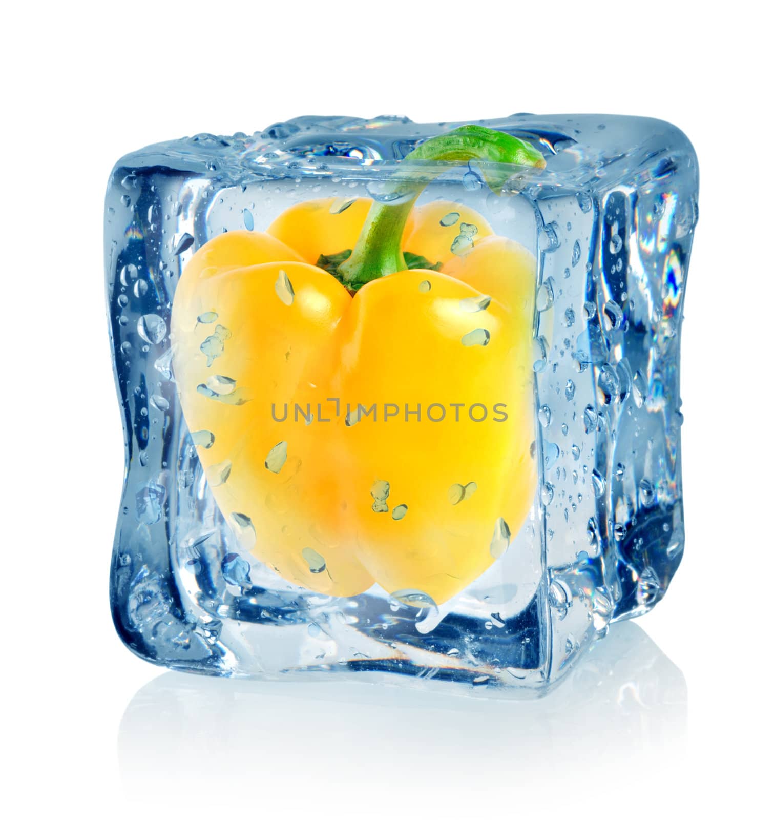 Ice cube and pepper isolated on a white background