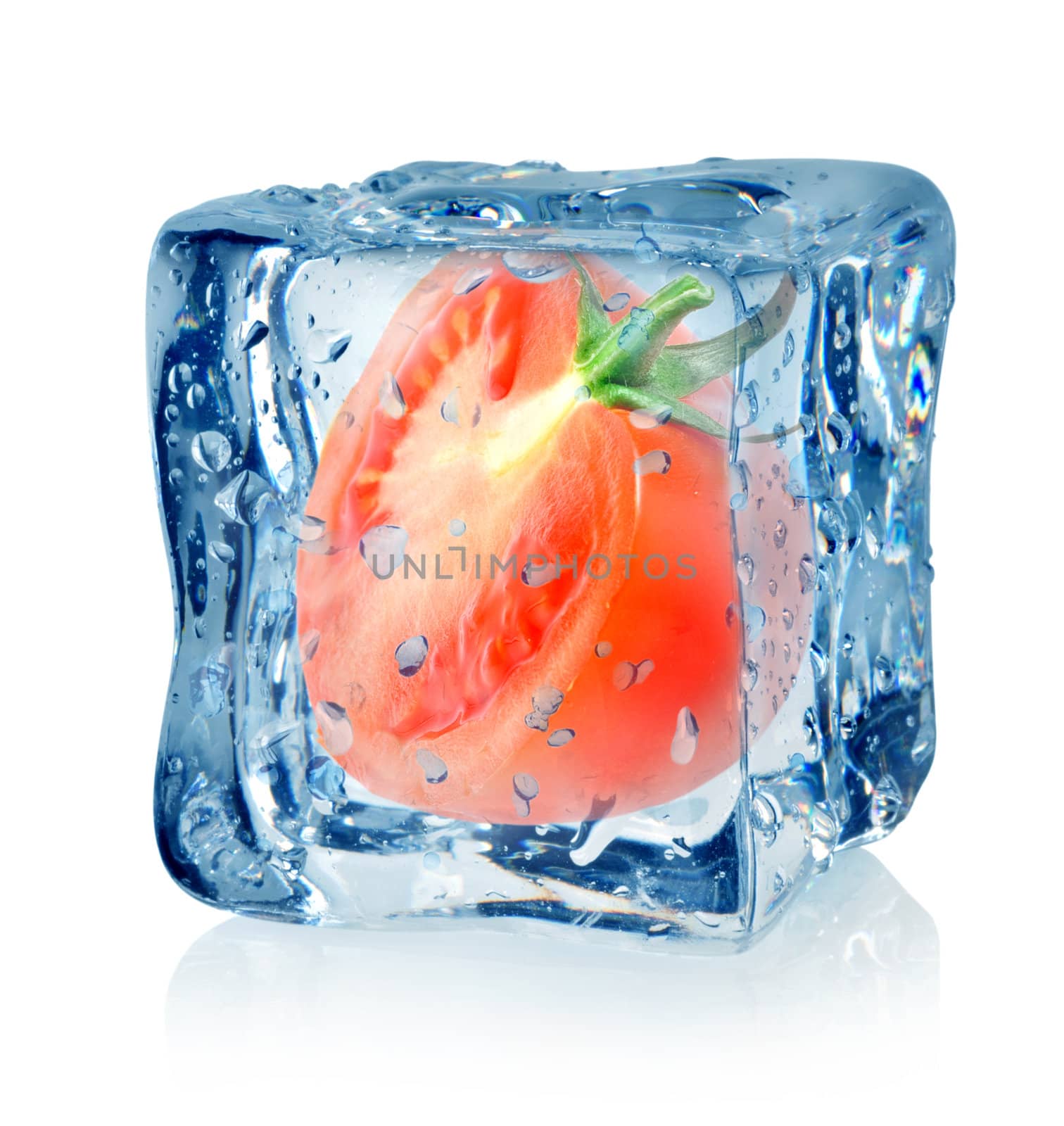 Ice cube and tomato isolated on a white background