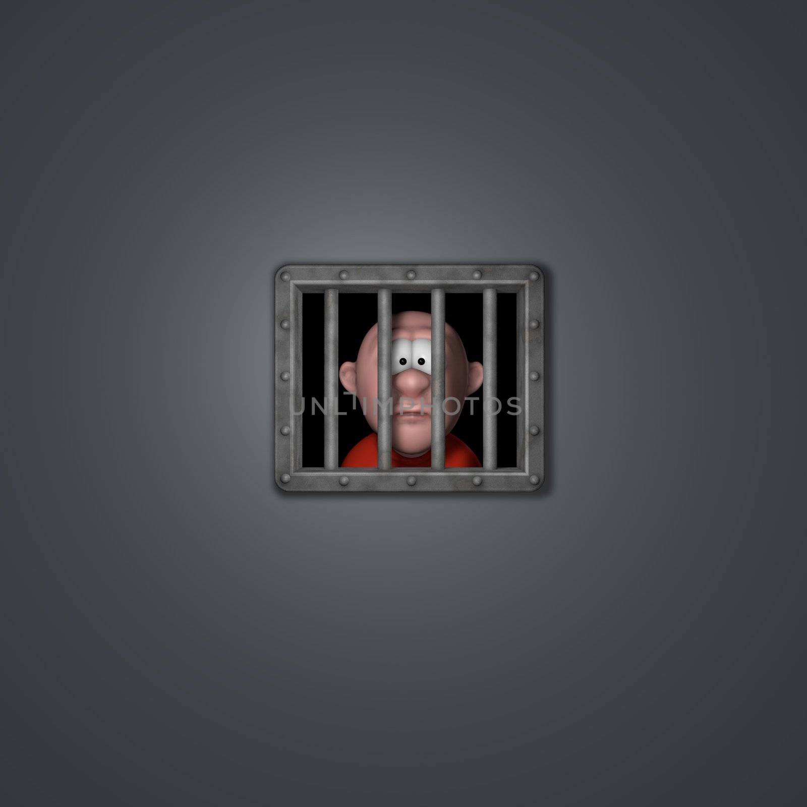 cartoon guy behind riveted steel prison window - 3d illustration