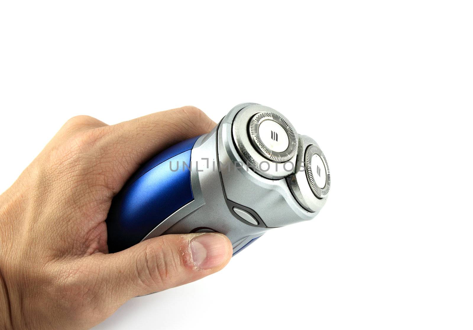 electric shaver holding on hand isolated with white background by geargodz