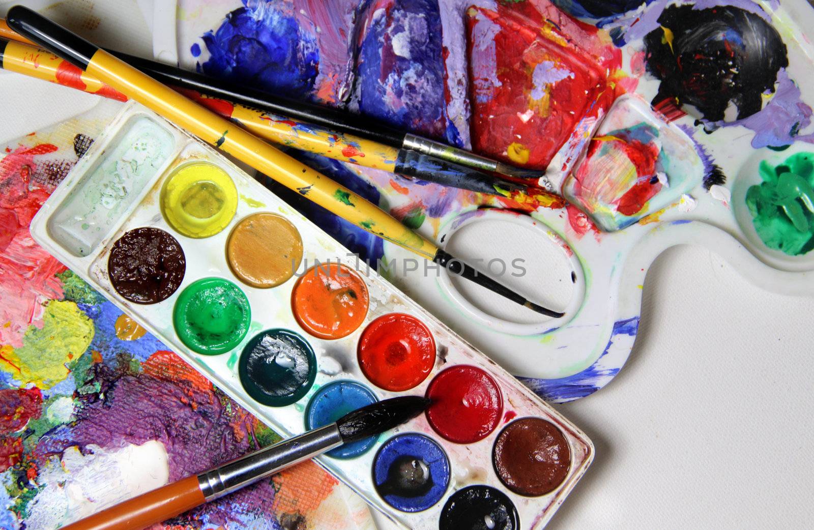 Art palette, watercolors, brushes and water 