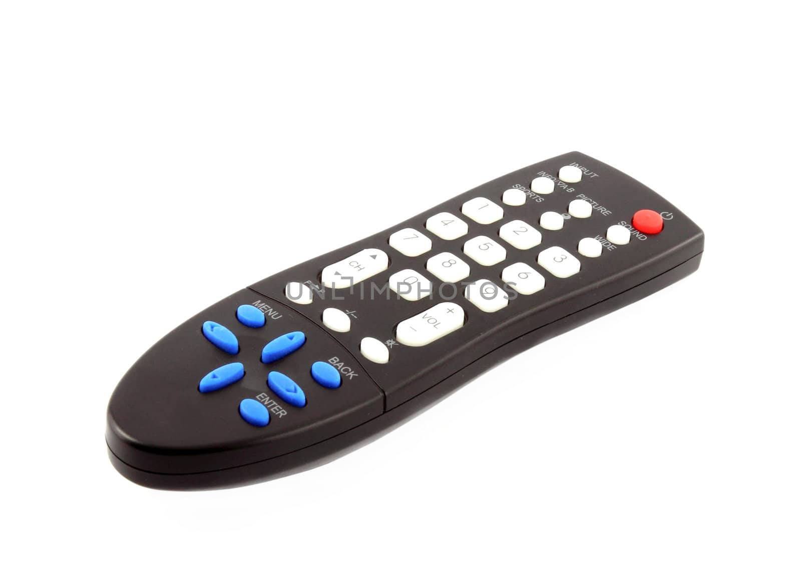 black TV remote control isolated on white background by geargodz