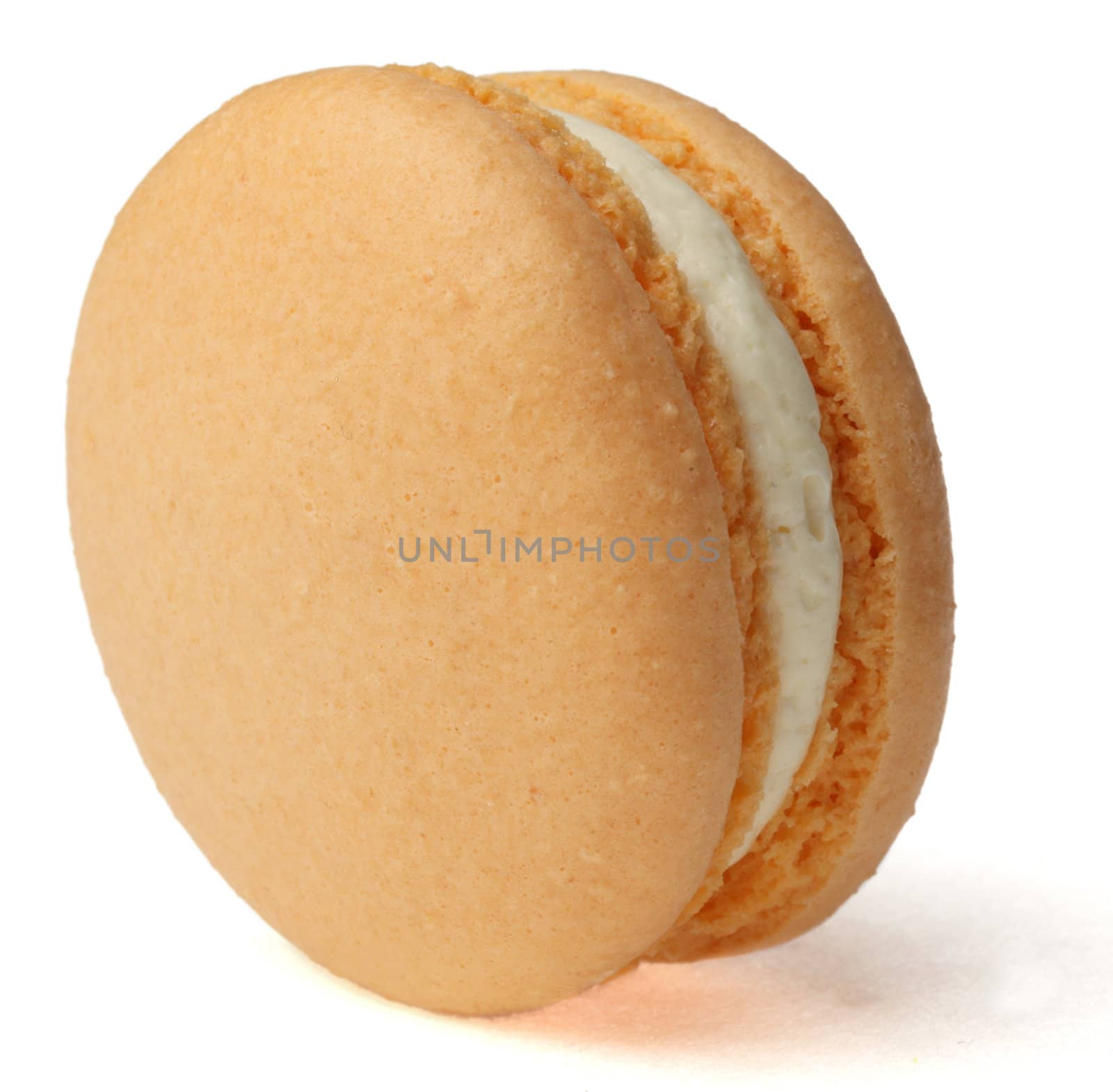 Image of a traditional French orange macaron against a white background.