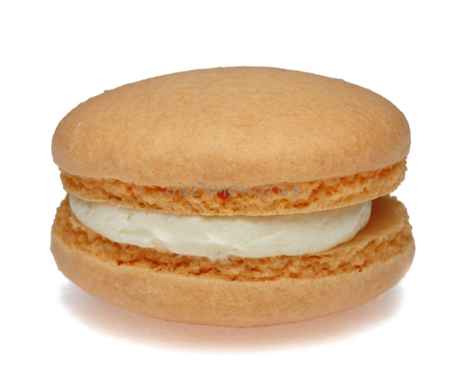 Image of a traditional French orange macaron against a white background.